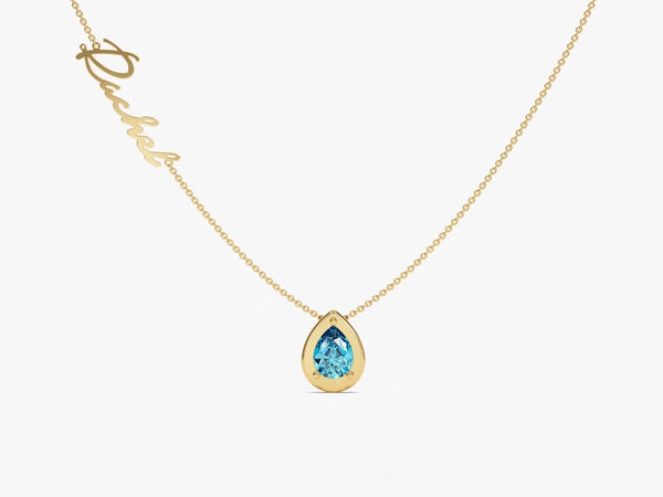 Pear Blue Topaz Name Necklace in 14K Solid Gold