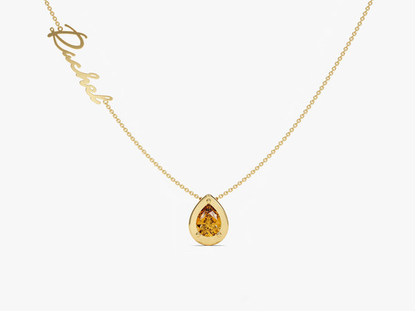 Pear Citrine Name Necklace in 14K Solid Gold