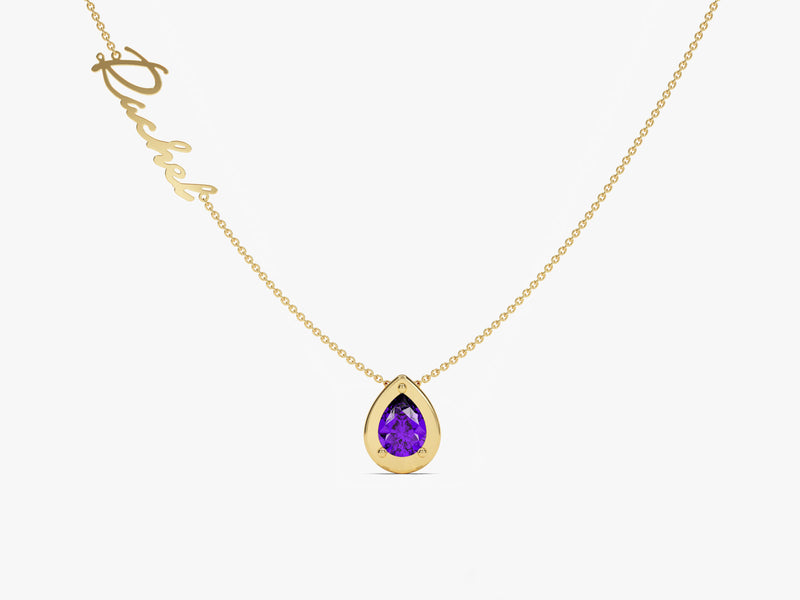 Pear Amethyst Name Necklace in 14K Solid Gold