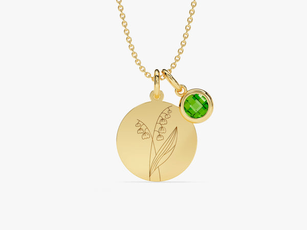 Birthflower Disc Necklace with Birthstone in 14k Solid Gold