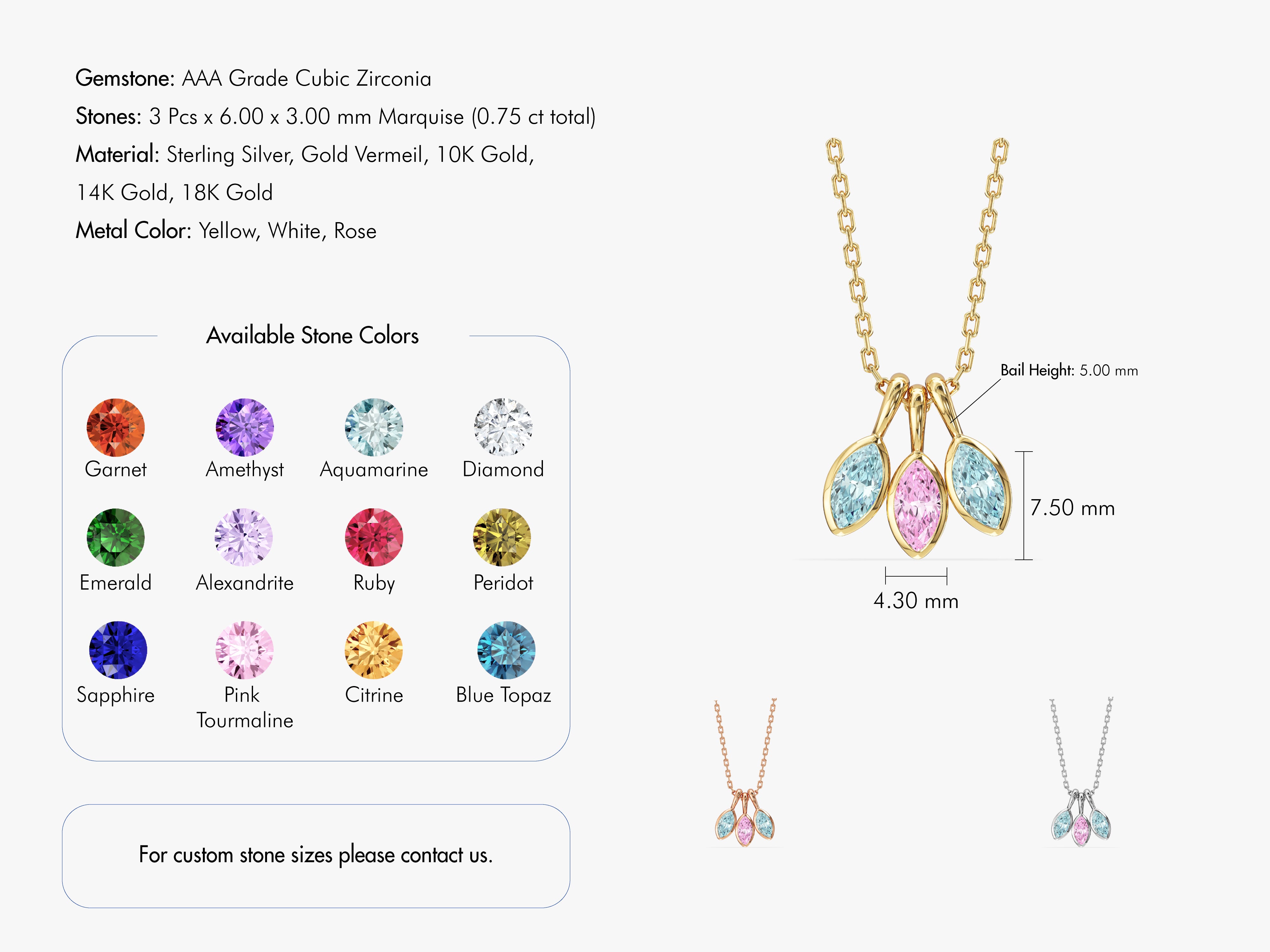 Marquise gemstone necklace with customizable stone colors and metal