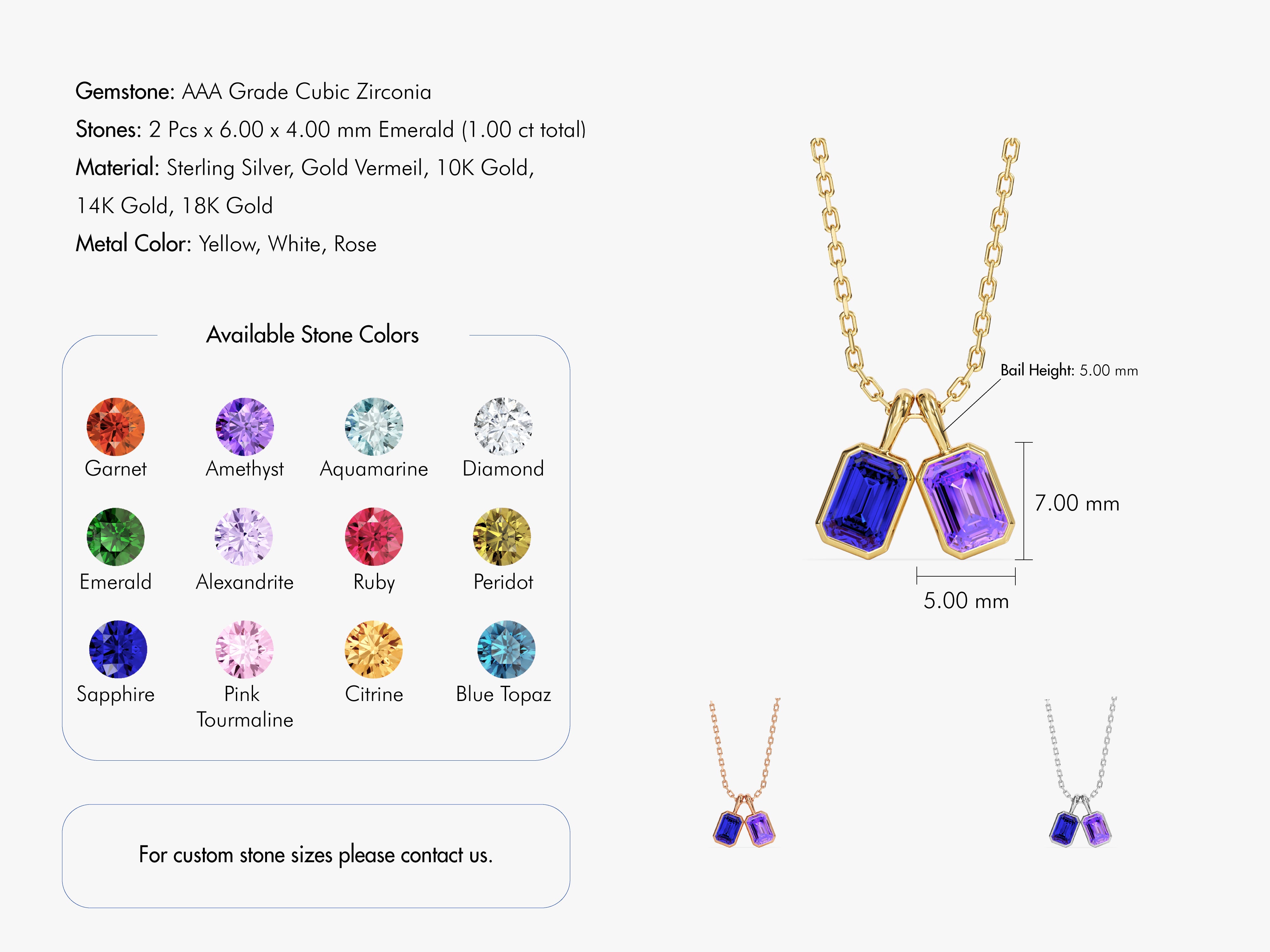 Emerald cut gemstone necklace with customizable stone colors and metal options