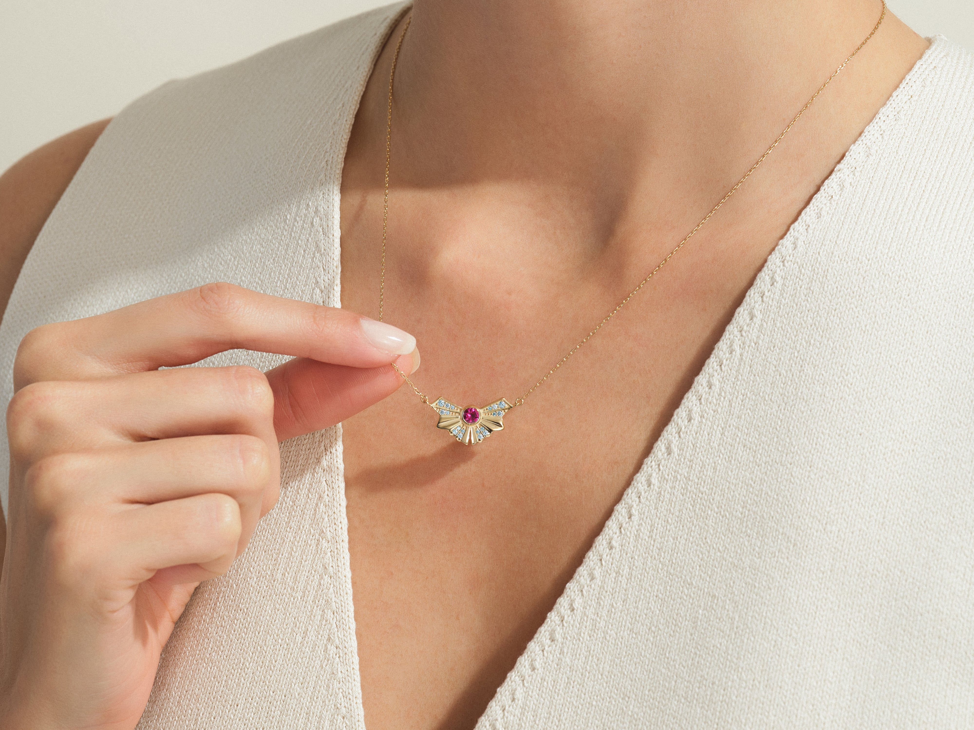 Gold necklace with ruby and diamond pendant, jewelry