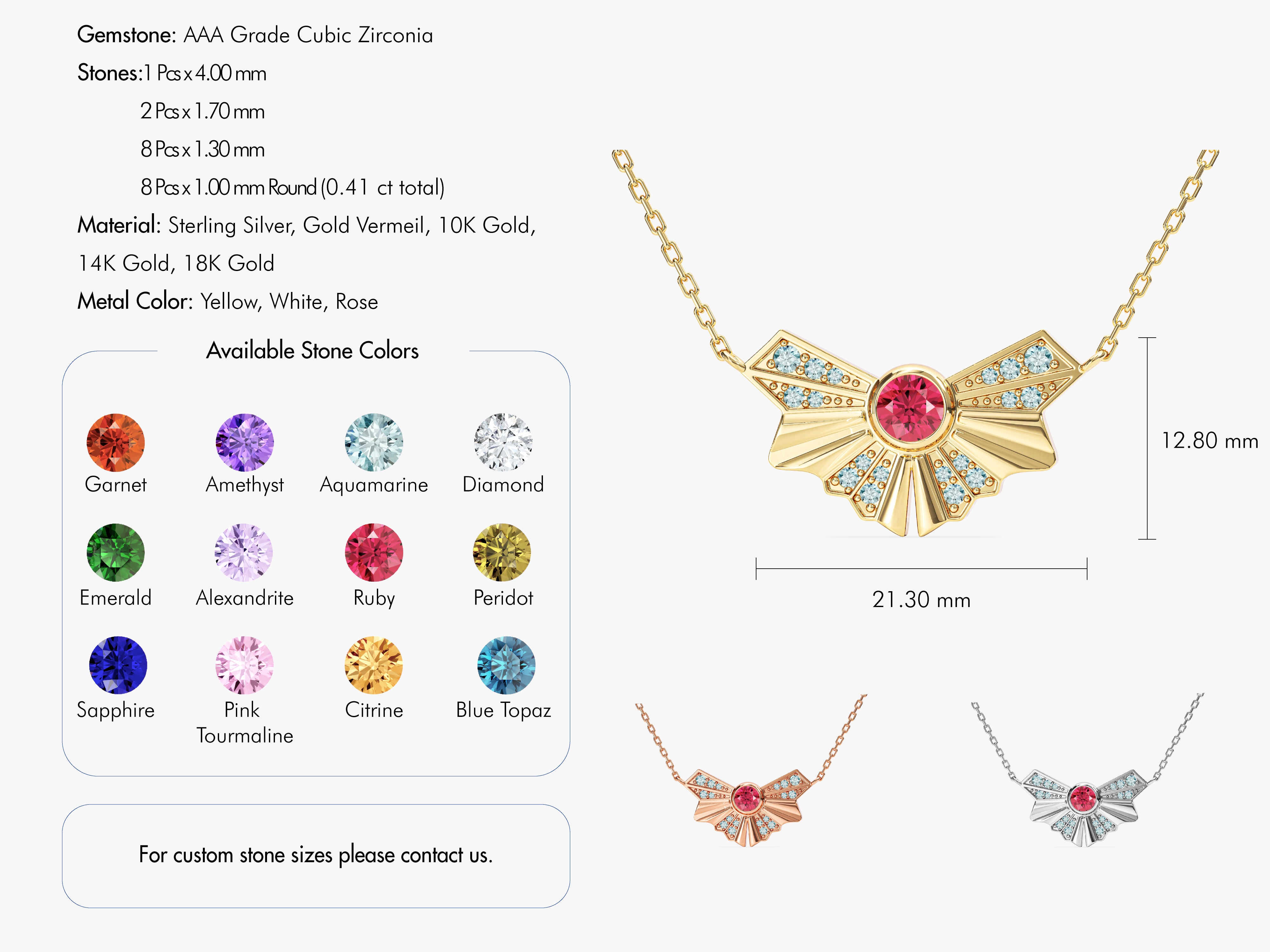 Gold necklace with ruby and diamond accents, available in multiple gemstones