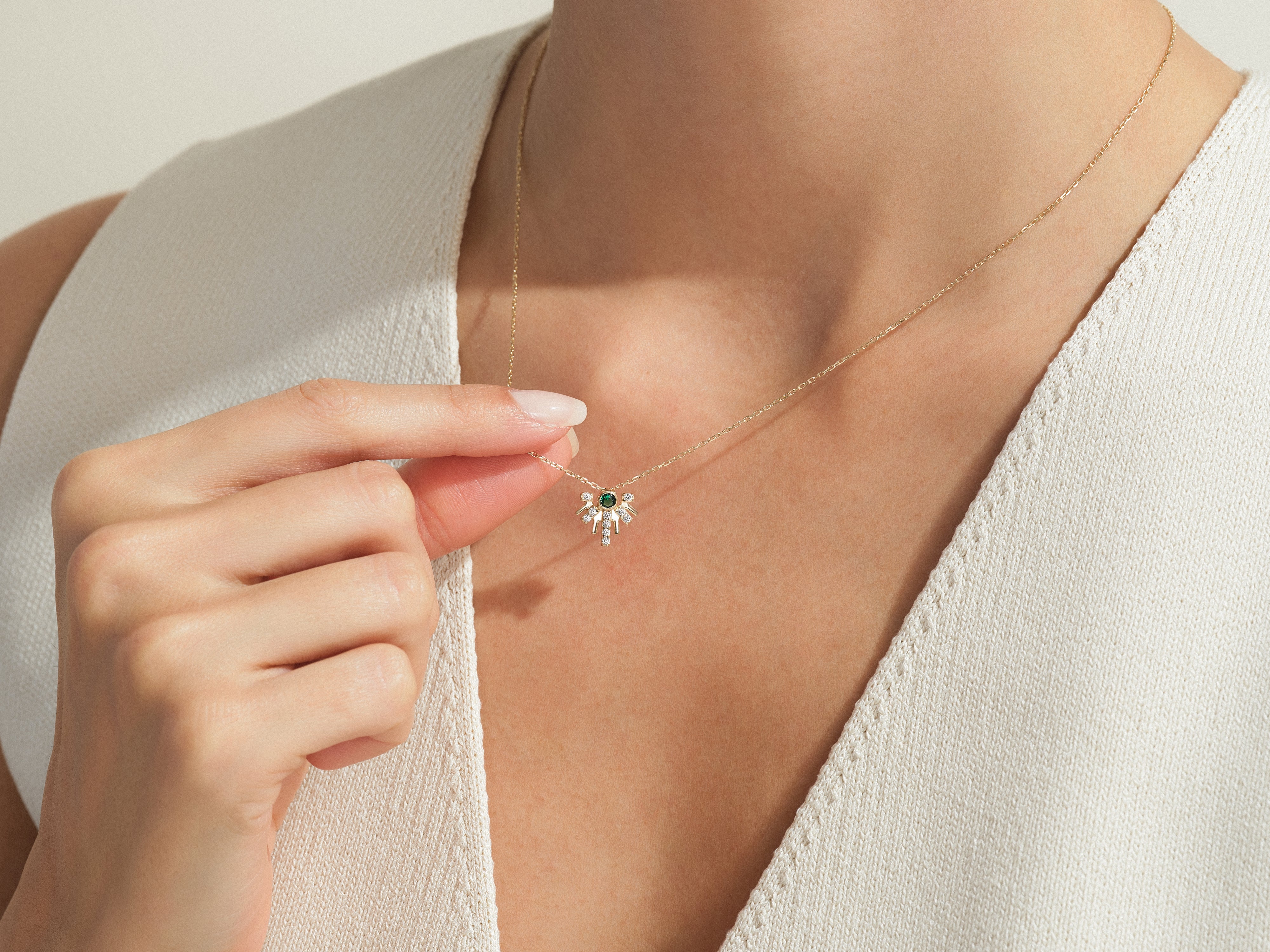 Gold necklace with emerald and diamond pendant, jewelry