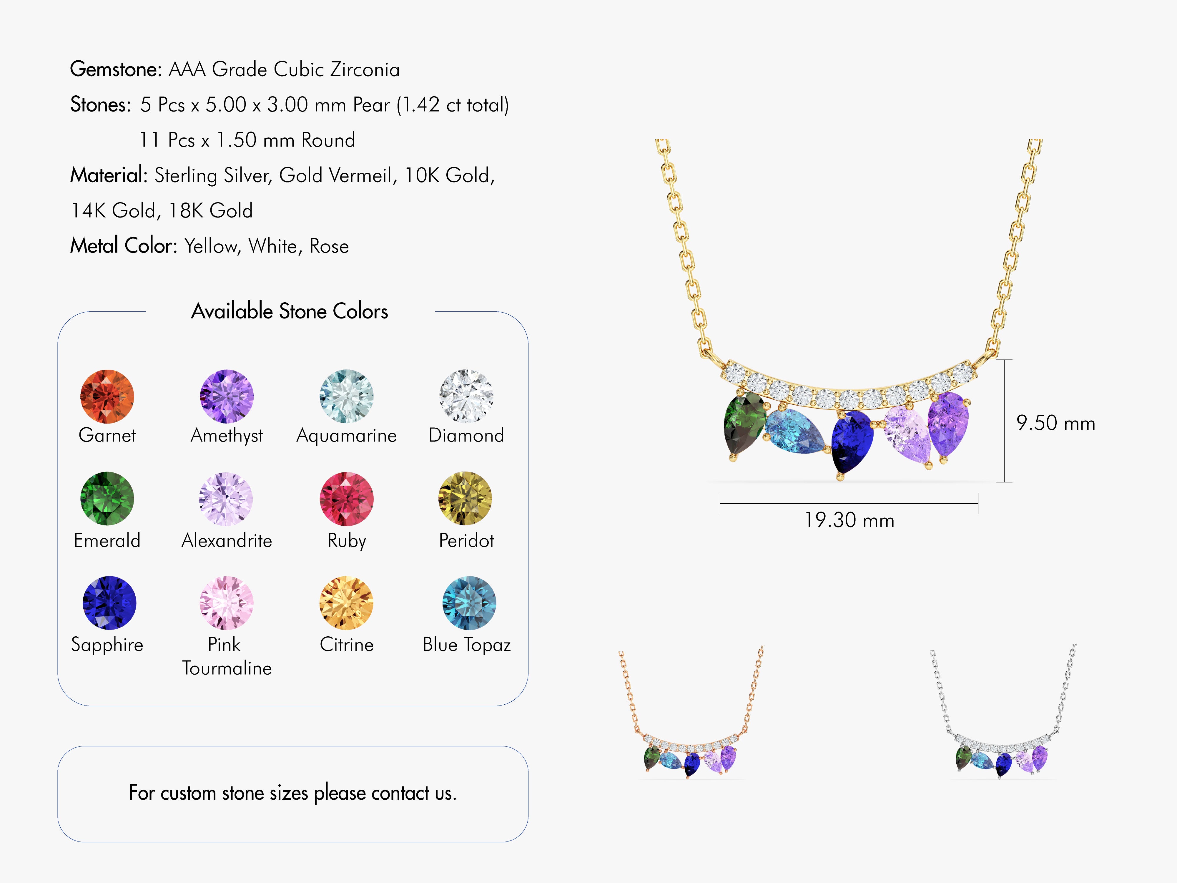 Multi-gemstone pear drop necklace in sterling silver, gold vermeil, 10K, 14K, 18K gold