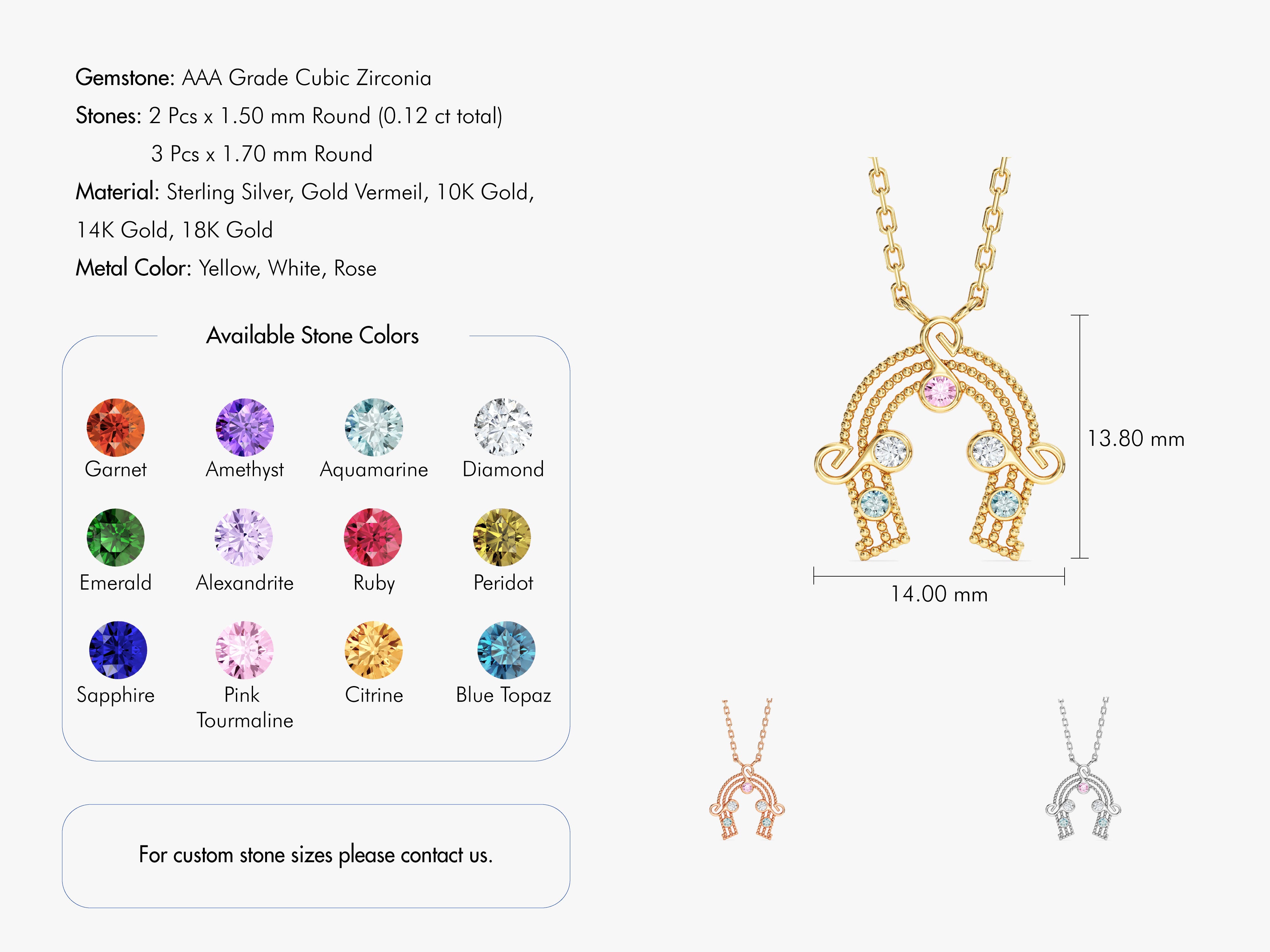 Rainbow necklace with customizable gemstones and gold options