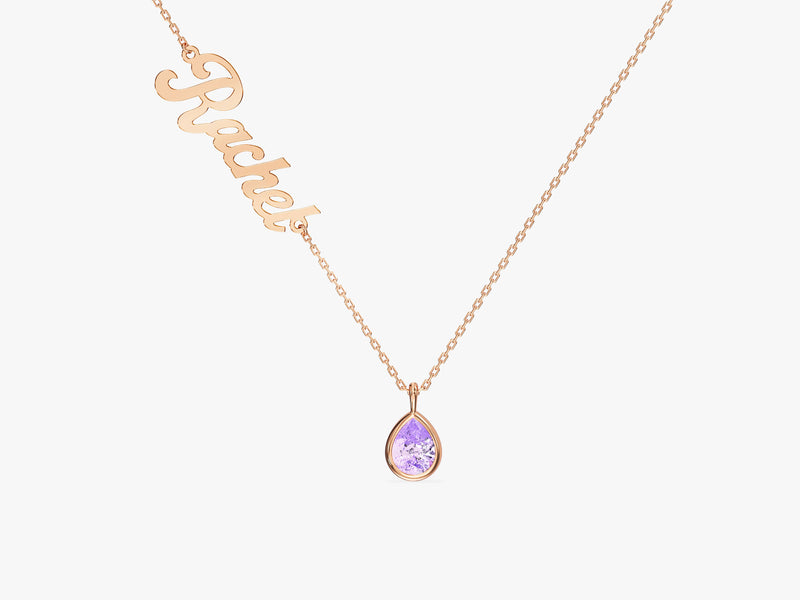 Pear Alexandrite Name Necklace in 14K Solid Gold