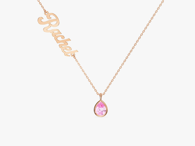 Pear Pink Tourmaline Name Necklace in 14K Solid Gold