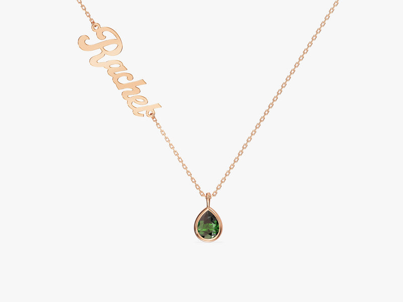 Pear Emerald Name Necklace in 14K Solid Gold