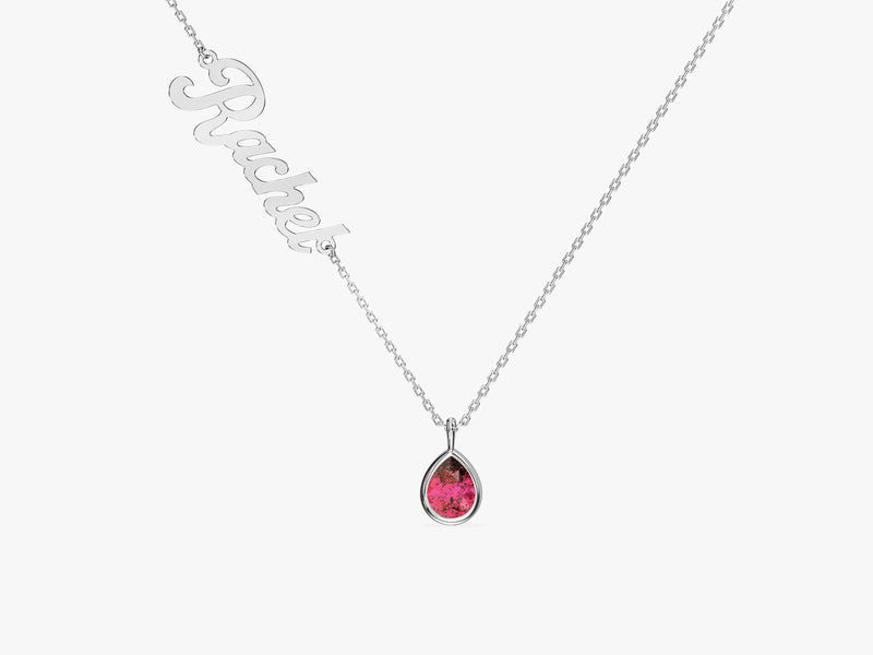 Pear Ruby Name Necklace in 14K Solid Gold