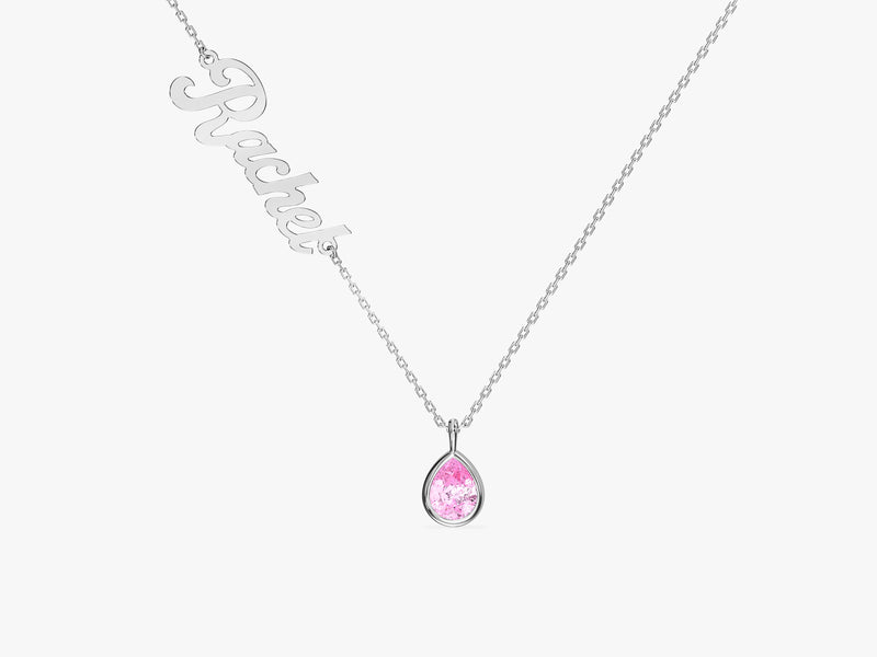 Pear Pink Tourmaline Name Necklace in 14K Solid Gold