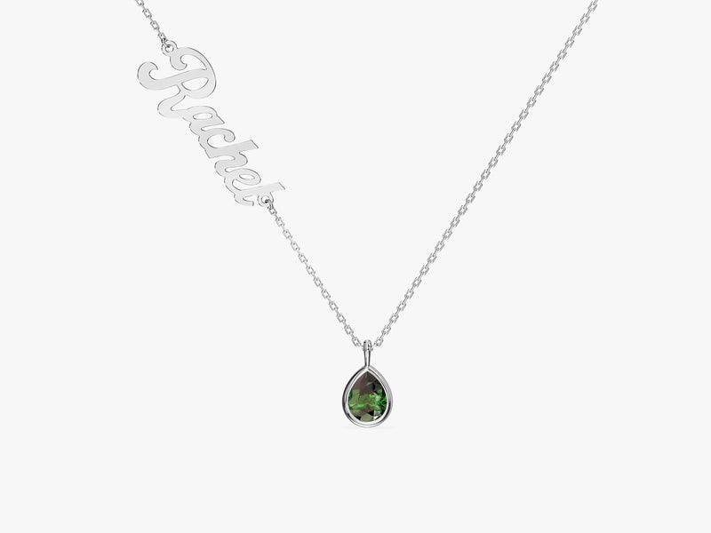 Pear Emerald Name Necklace in 14K Solid Gold