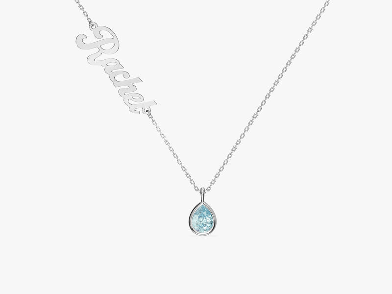 Pear Aquamarine Name Necklace in 14K Solid Gold