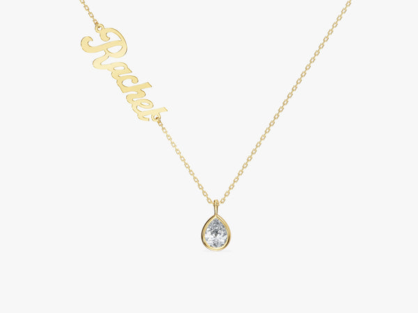 Pear Diamond Birthstone Name Necklace in 14K Solid Gold