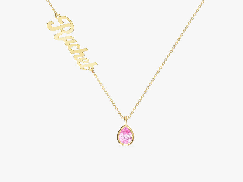 Pear Pink Tourmaline Name Necklace in 14K Solid Gold