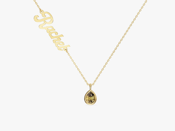 Pear Peridot Name Necklace in 14K Solid Gold