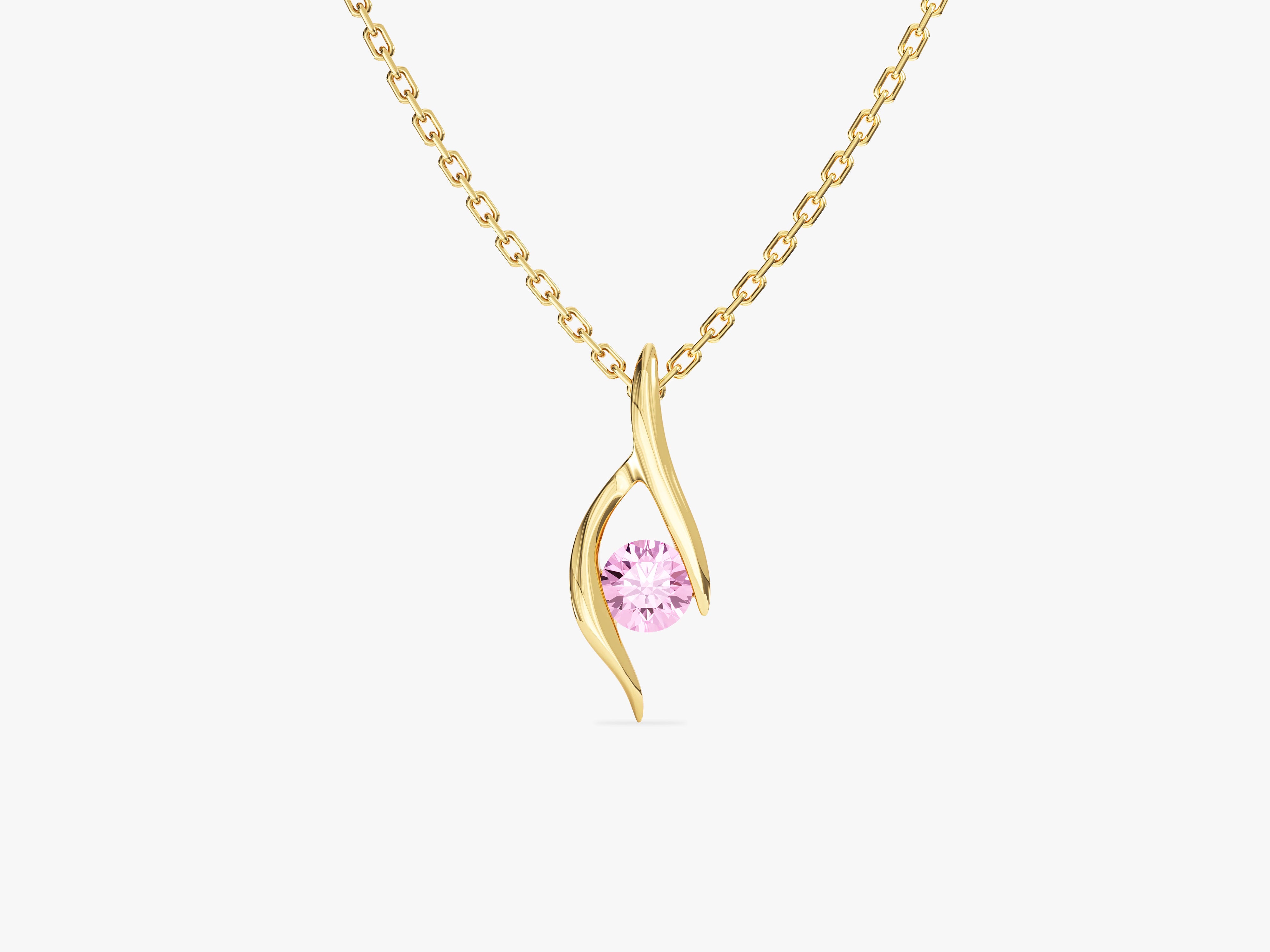 Single Stone Pink Tourmaline Pendant Necklace in 14k Solid Gold