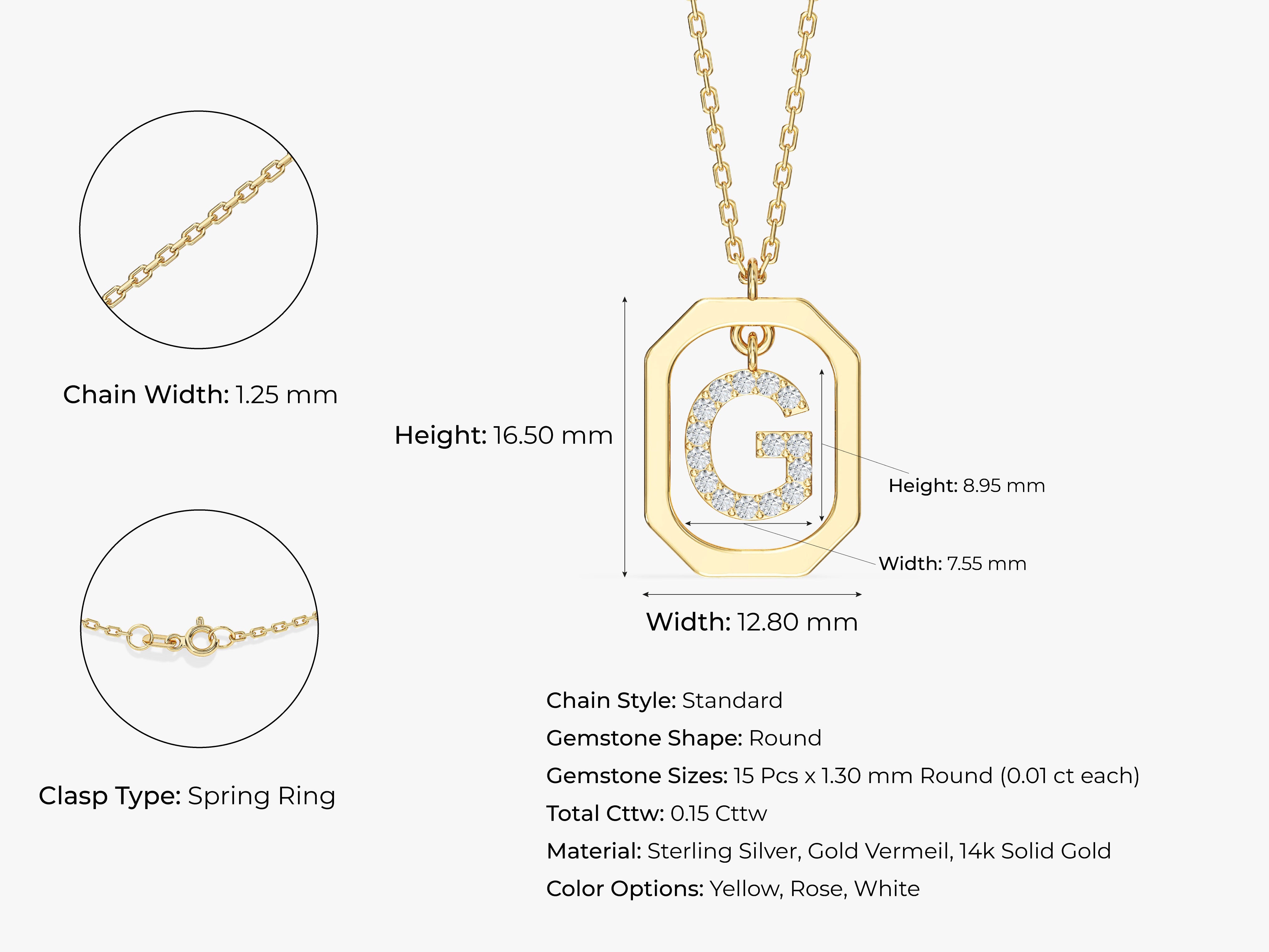 Diamond initial 'G' necklace, sterling silver, gold vermeil, 14k solid gold