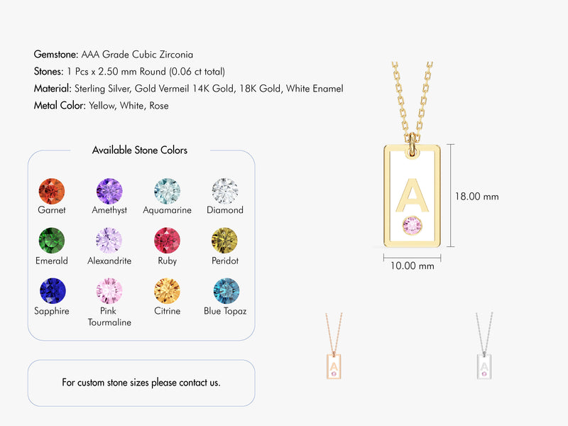 White Enamel Initial Letter Necklace with Birthstone