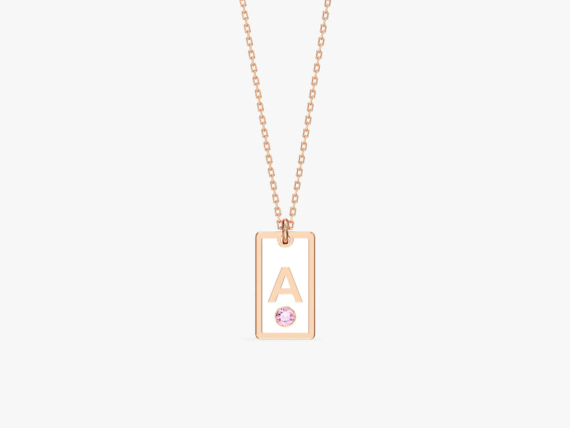 White Enamel Initial Letter Necklace with Birthstone