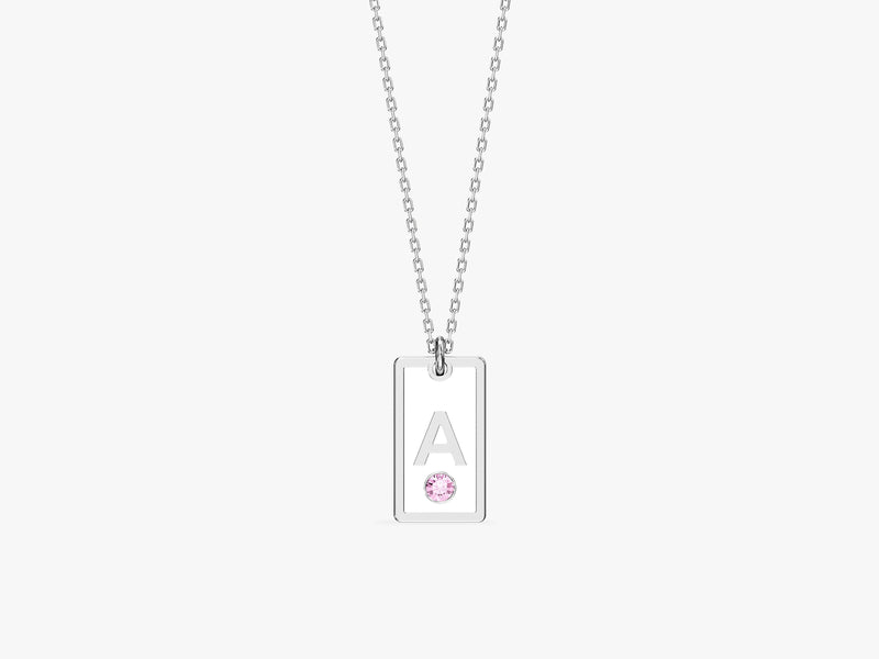 White Enamel Initial Letter Necklace with Birthstone