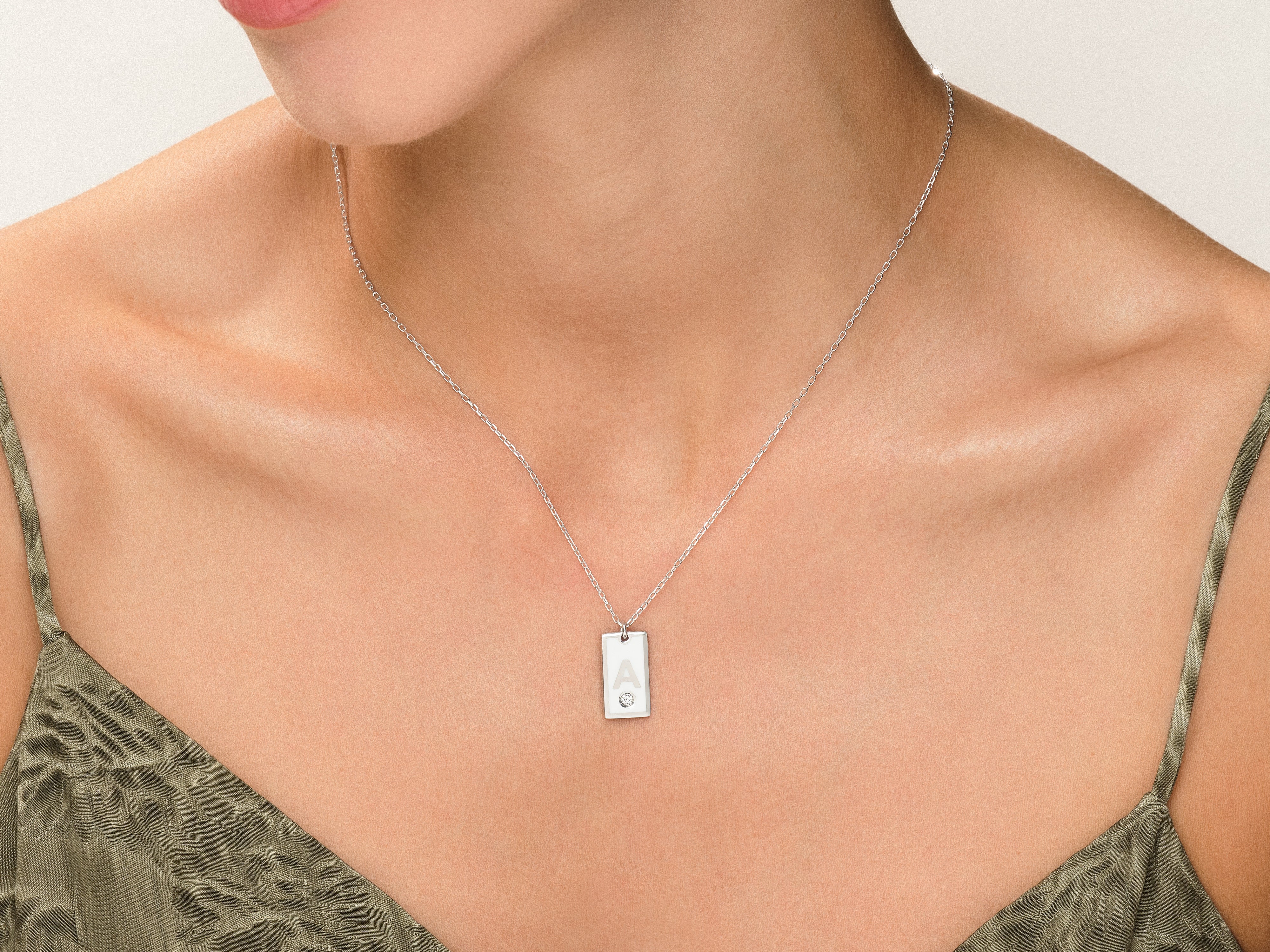 White Enamel Initial Letter Necklace with Birthstone