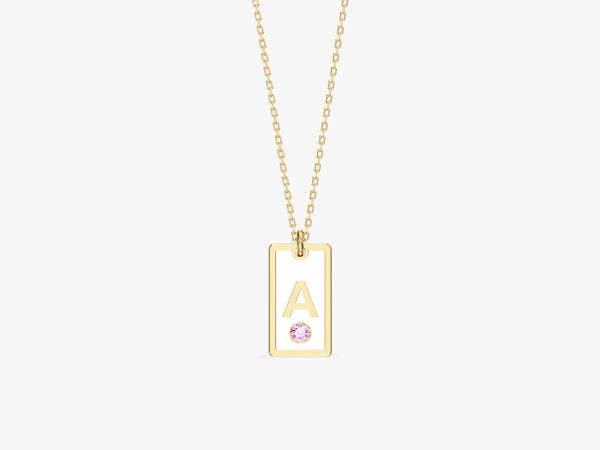 White Enamel Initial Letter Necklace with Birthstone