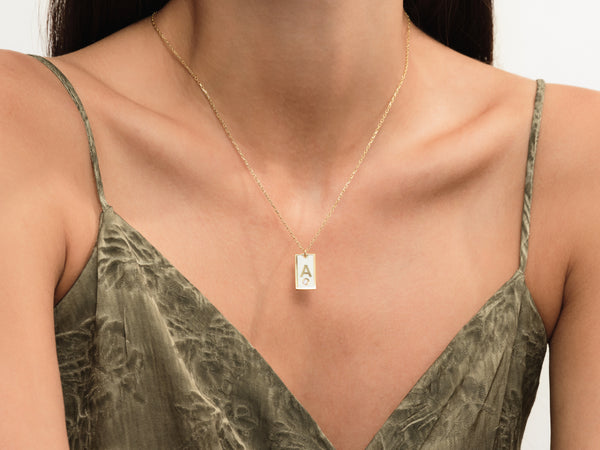 White Enamel Initial Letter Necklace with Birthstone