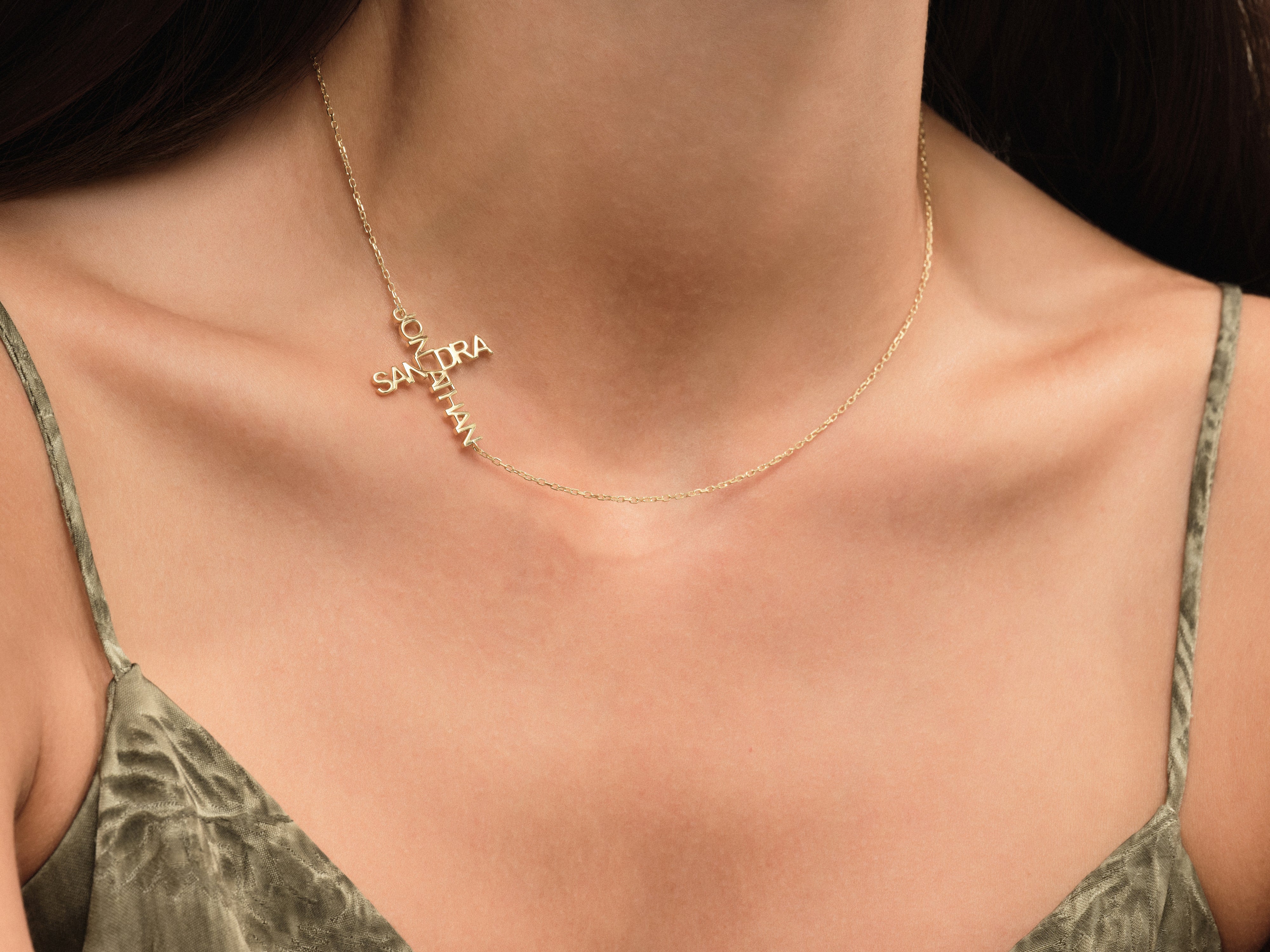 Gold cross necklace with personalized names, jewelry gift