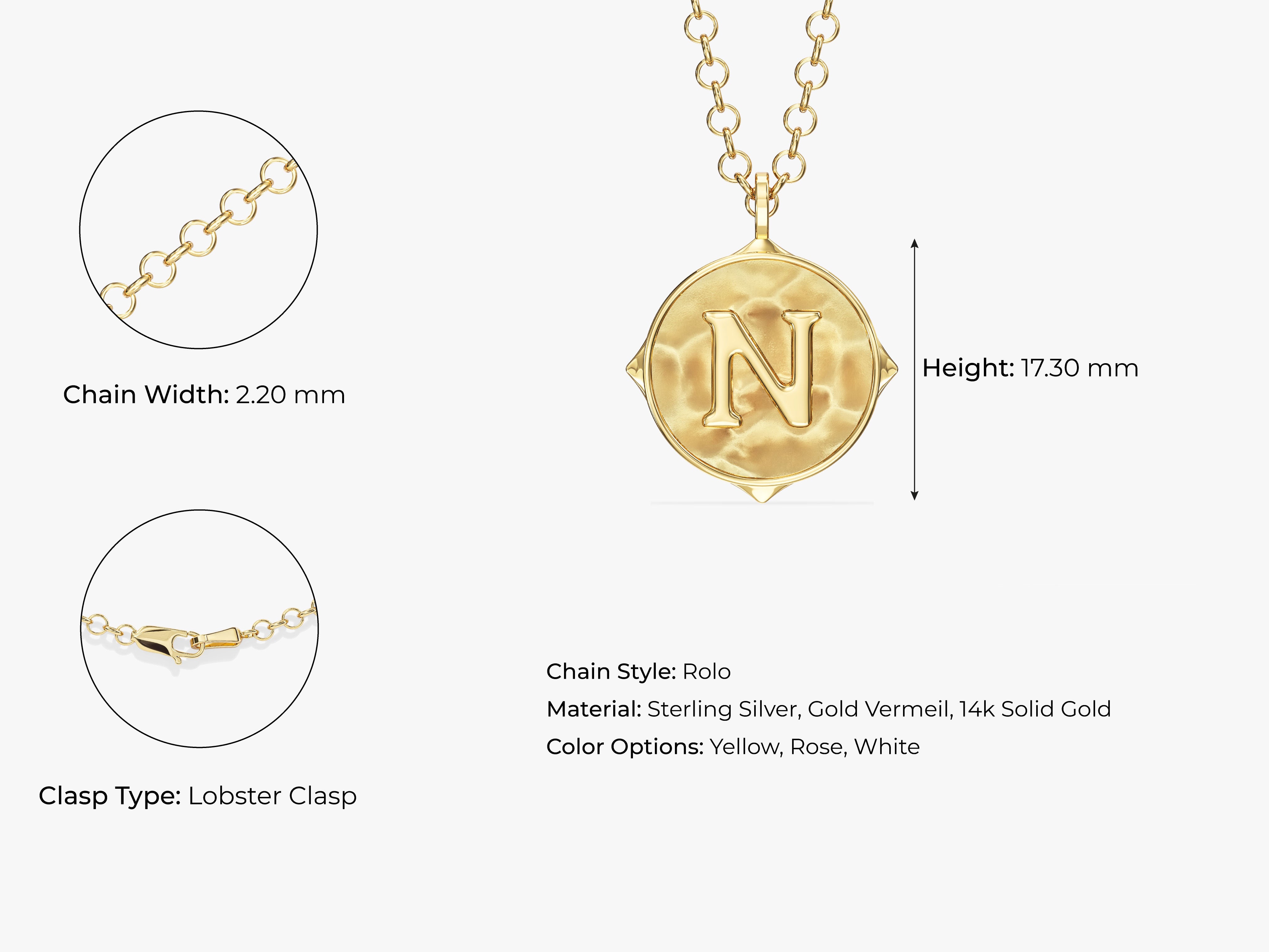 Gold initial 'N' pendant necklace, sterling silver, gold vermeil, 14k solid gold