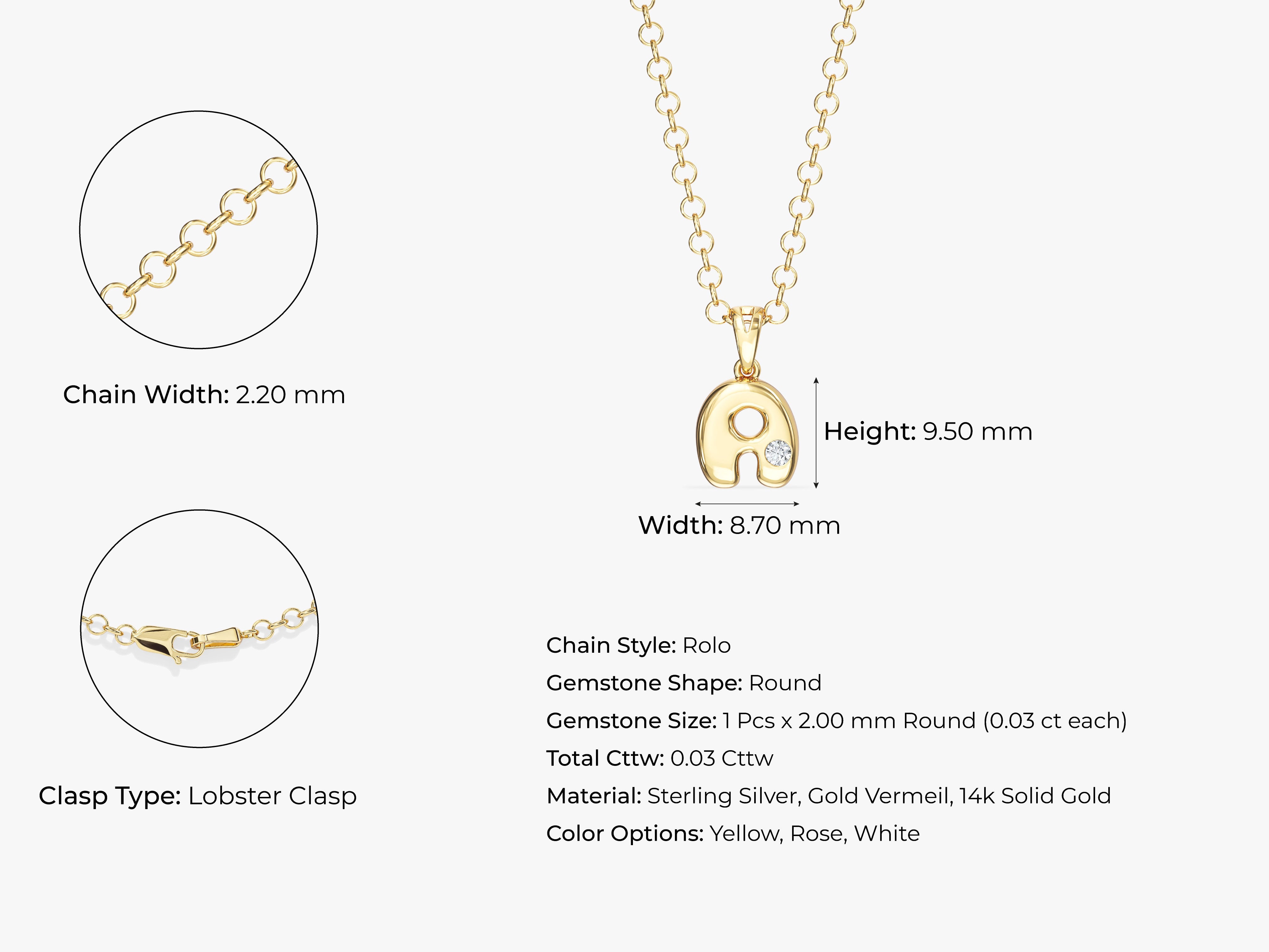 Gold initial 'a' necklace with diamond, jewelry details