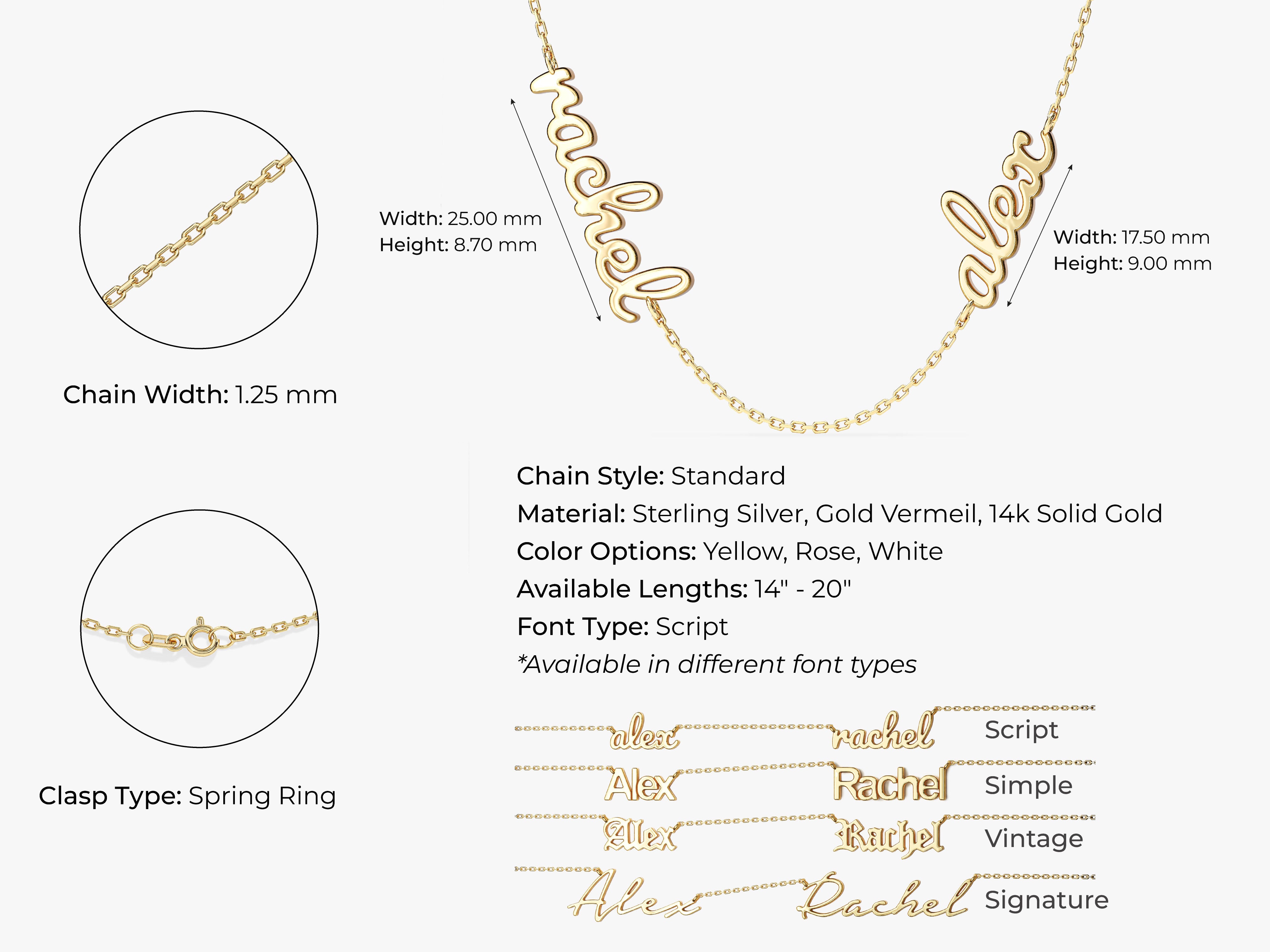 Gold name necklace with script font, available in multiple styles