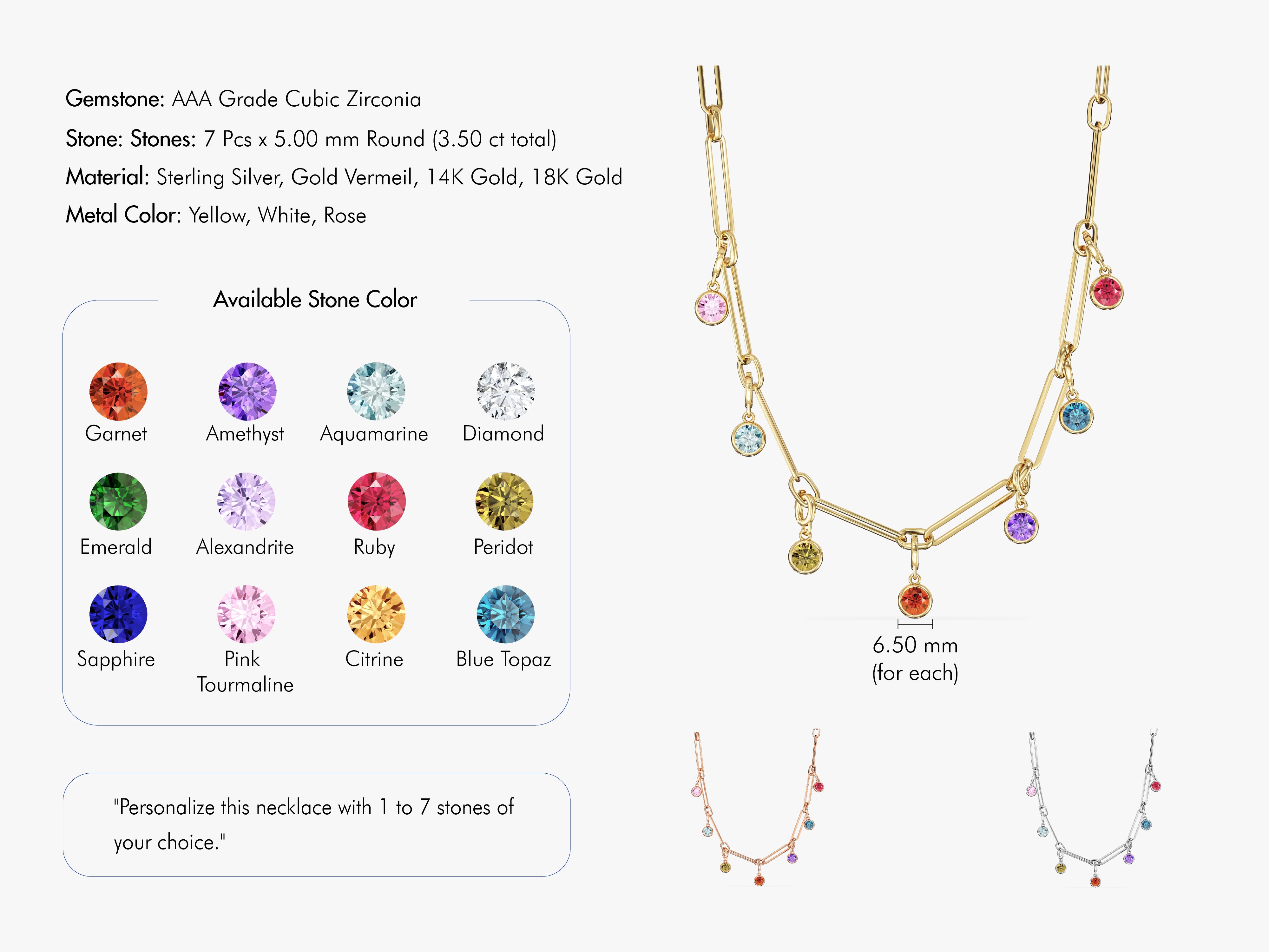 Personalized gemstone necklace with cubic zirconia charms in gold vermeil