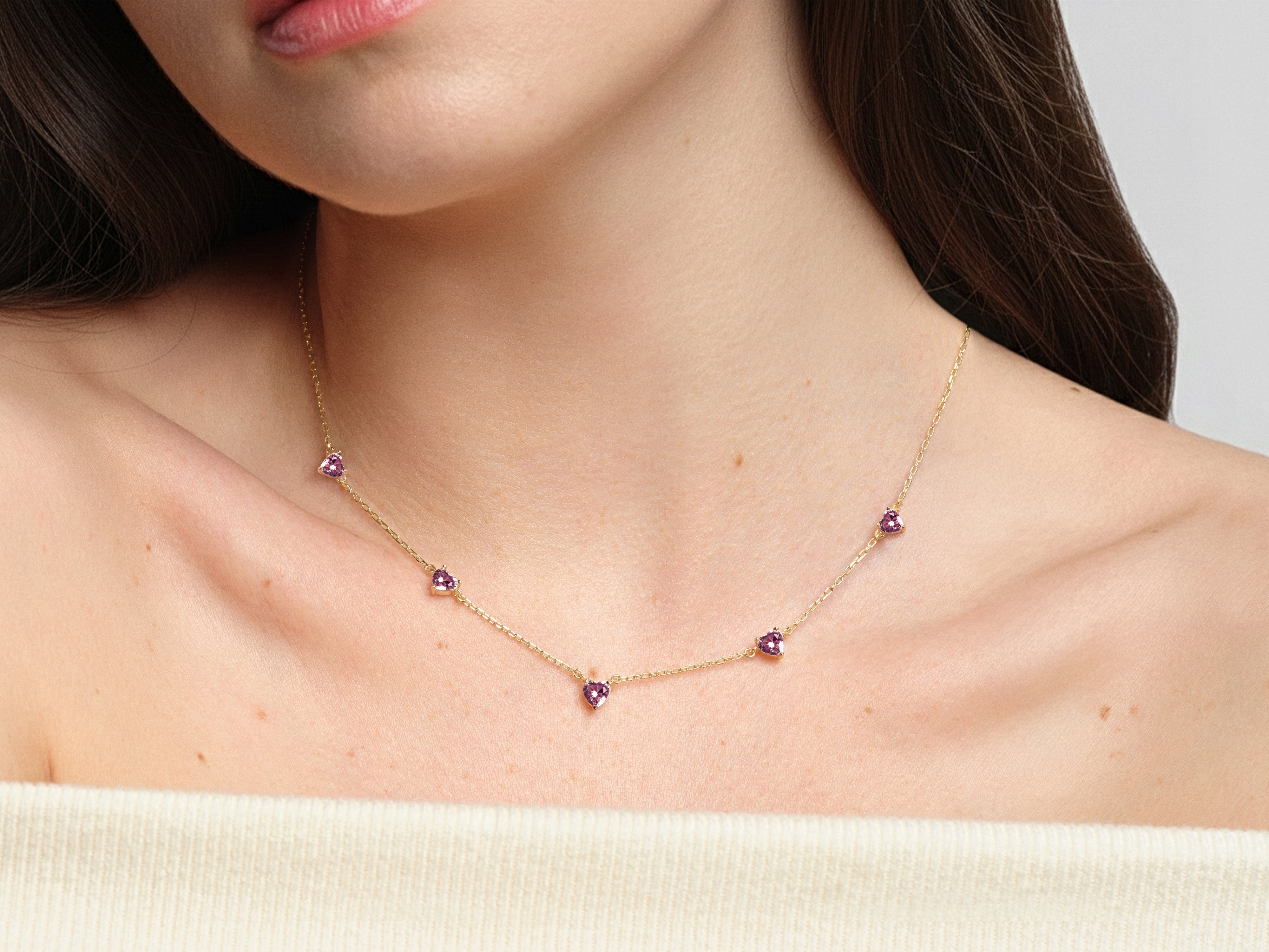 Heart Birthstone Station Necklace