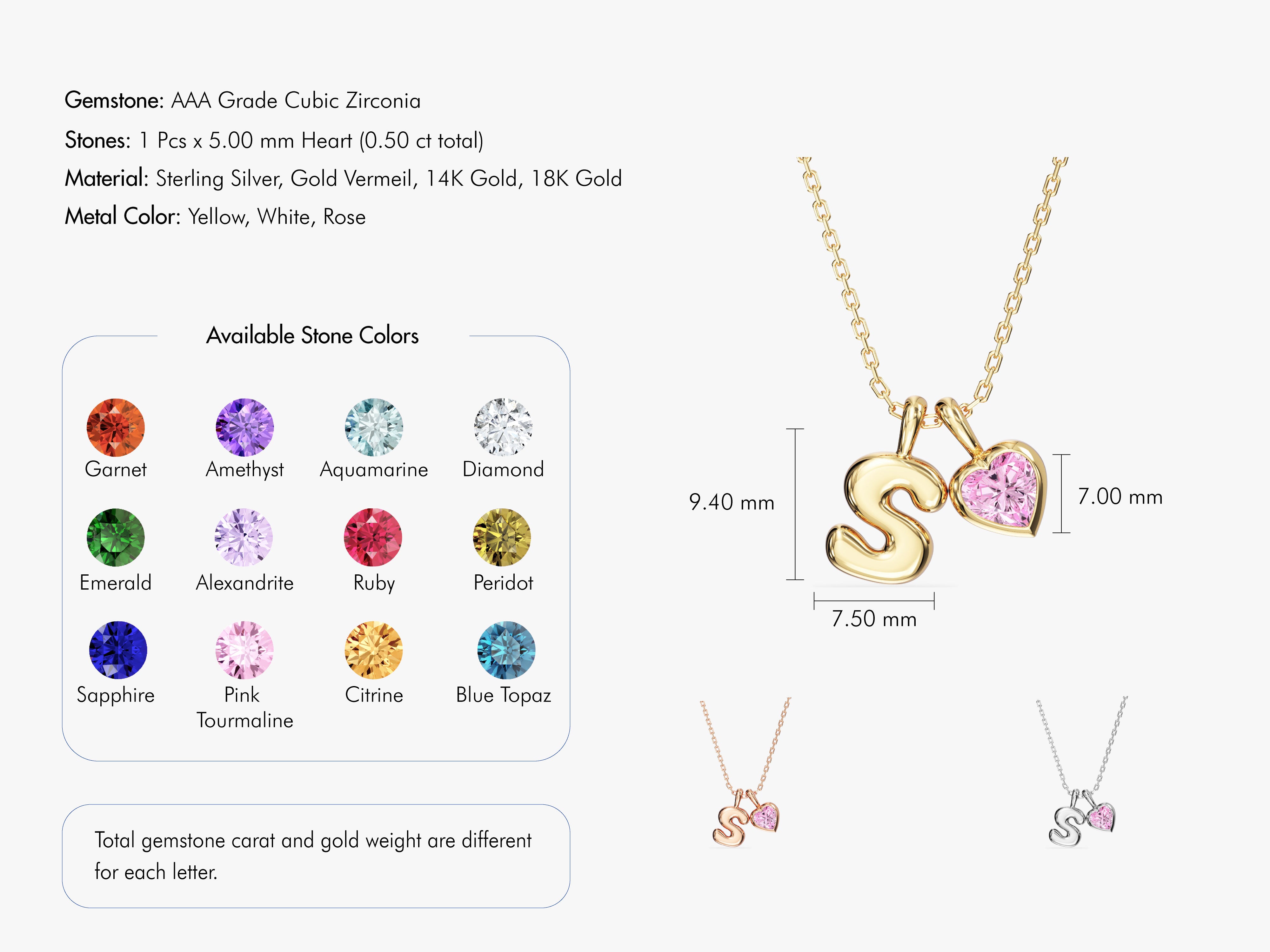Initial Letter Heart Birthstone Charm Necklace