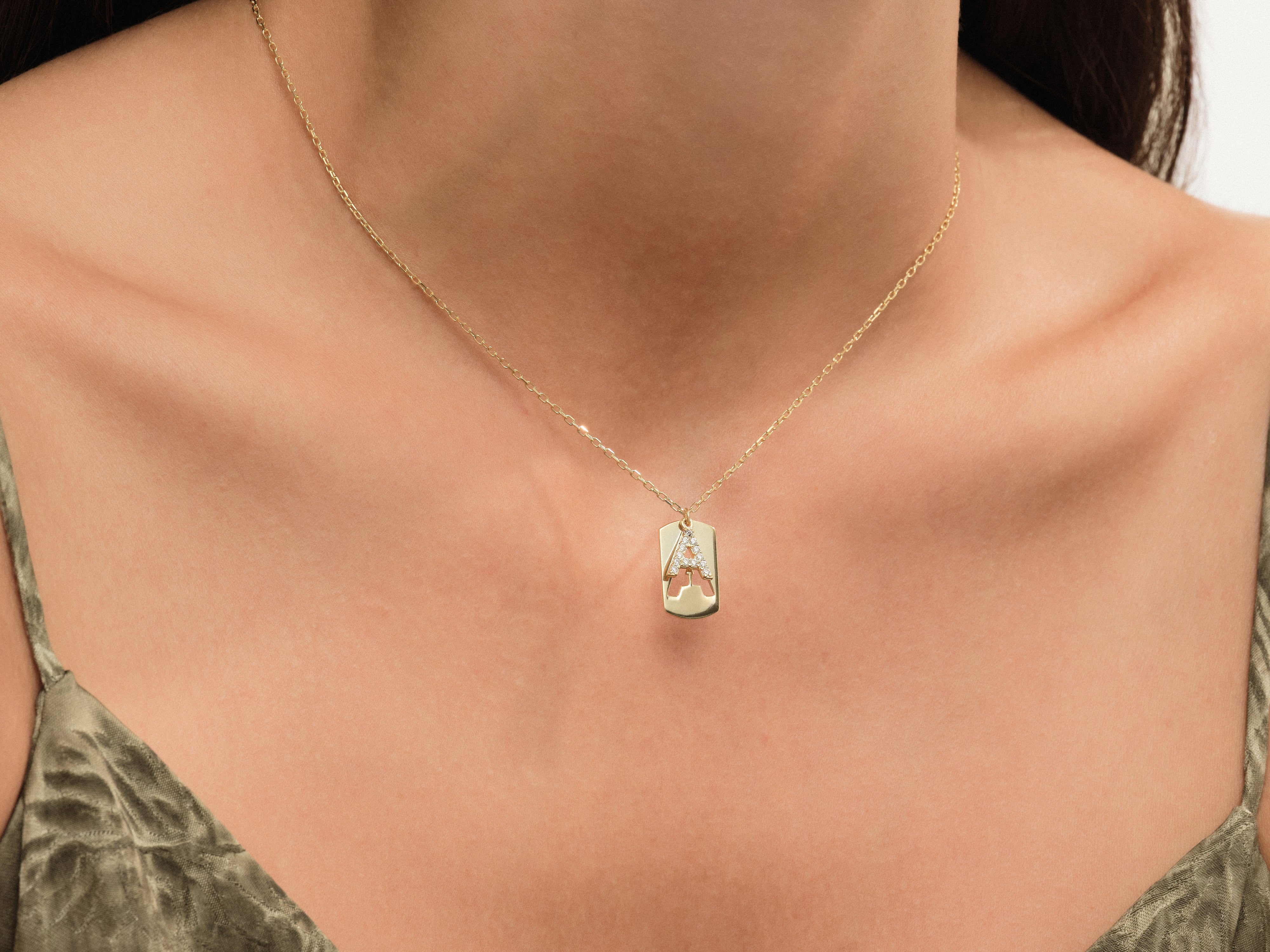 Gold necklace with diamond initial 'A' charm jewelry