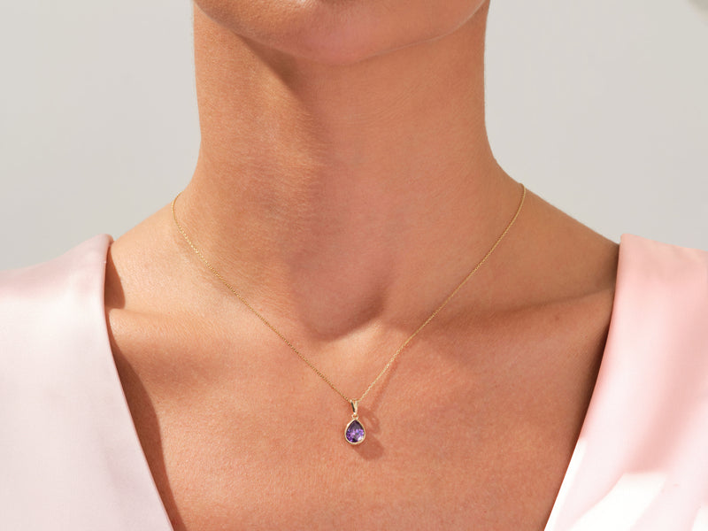 Diamond Birthstone Bezel Set Pear Pendant Necklace in 14k Solid Gold