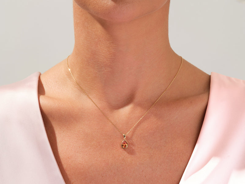 Pink Tourmaline Bezel Set Pear Pendant Necklace in 14k Solid Gold