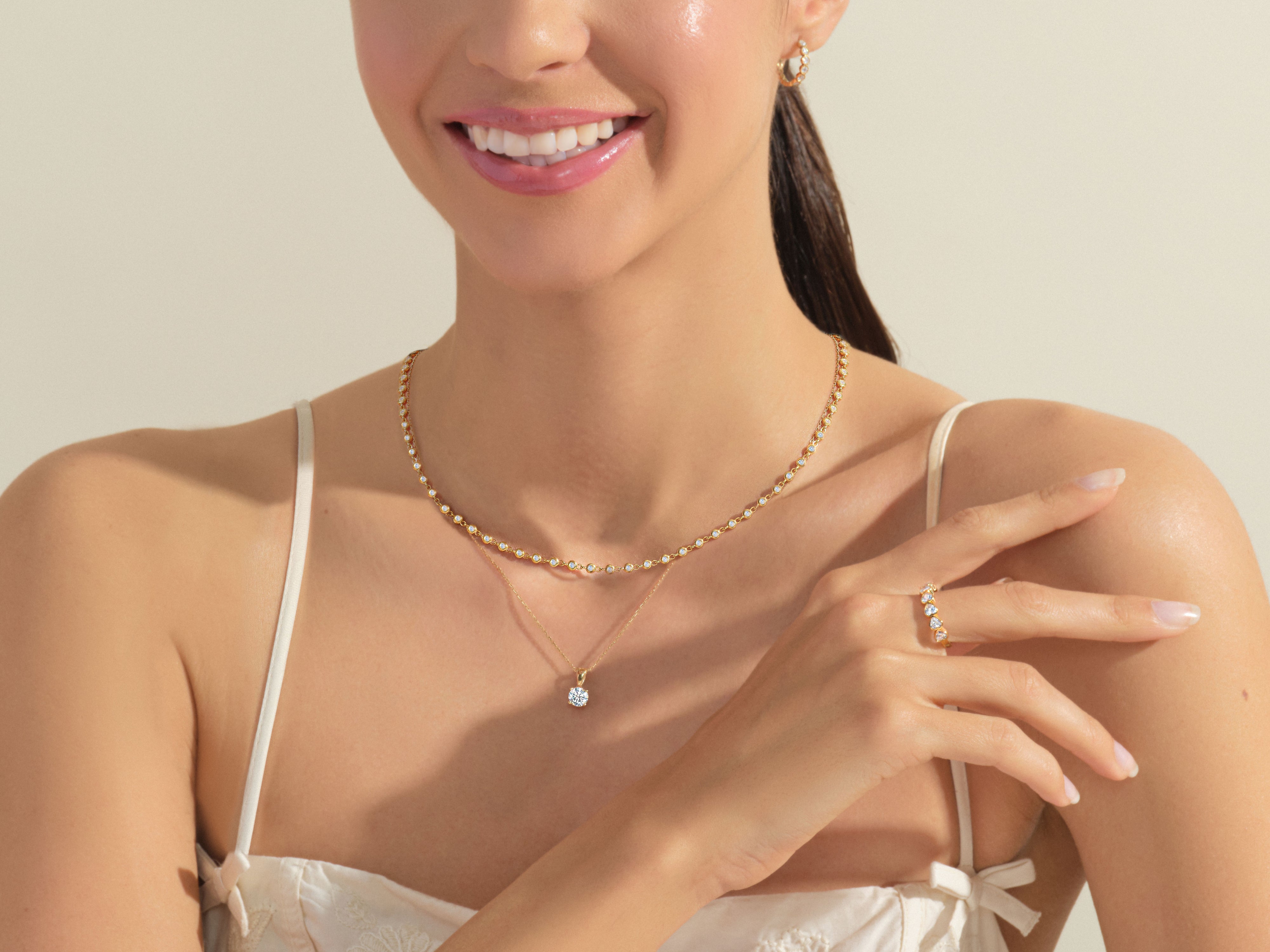 Sparkling diamond jewelry on a smiling woman, luxury fine jewelry
