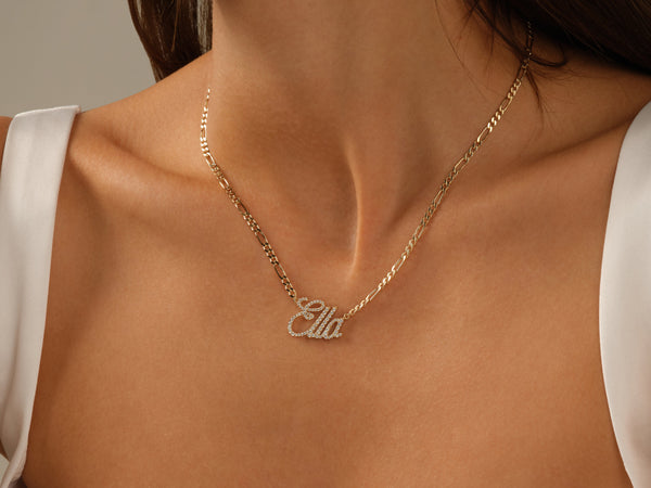 14k Solid Gold Figaro Chain Mother's Diamond Name Necklace
