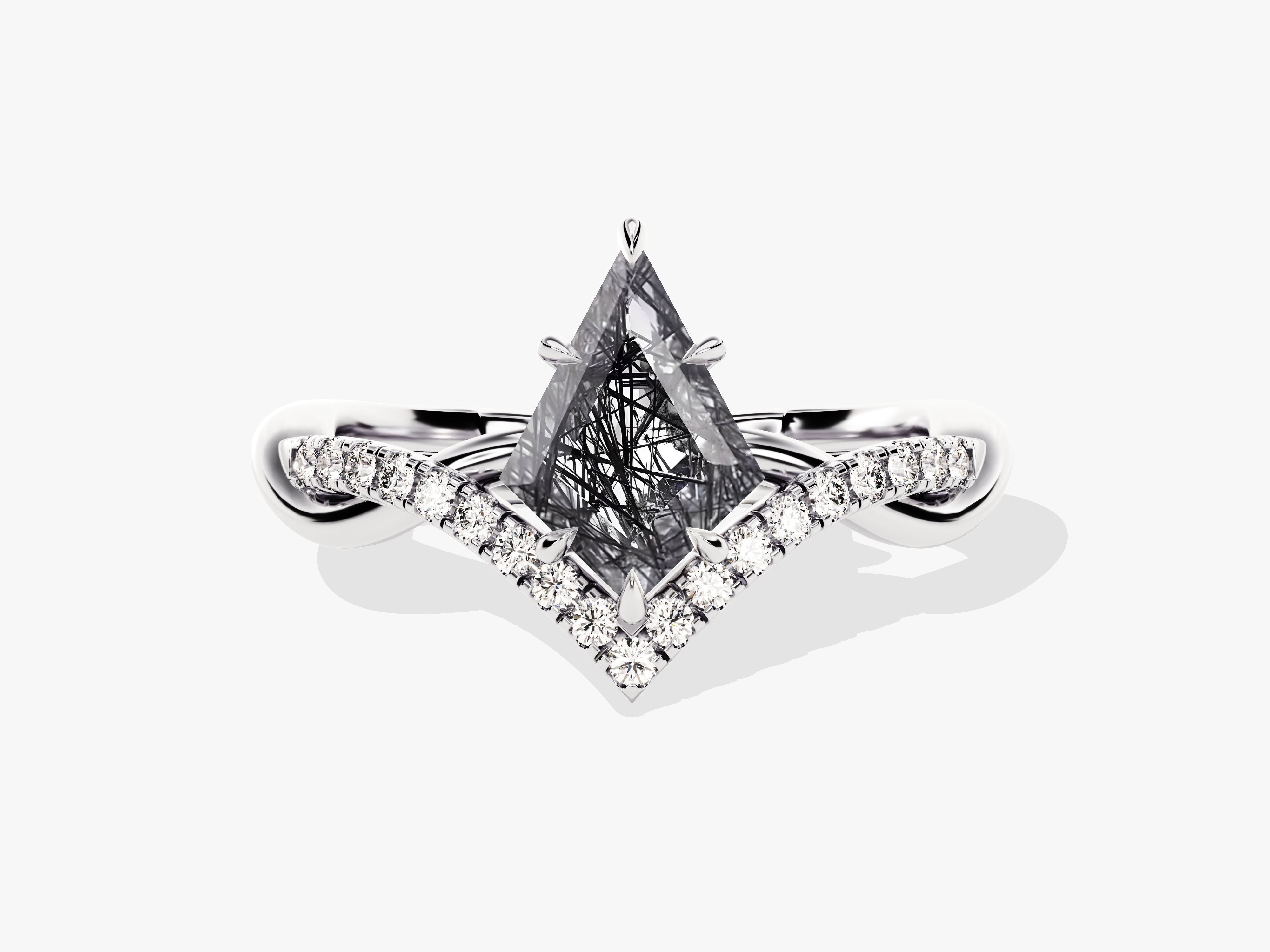 Diamond engagement ring with unique black rutile quartz center stone