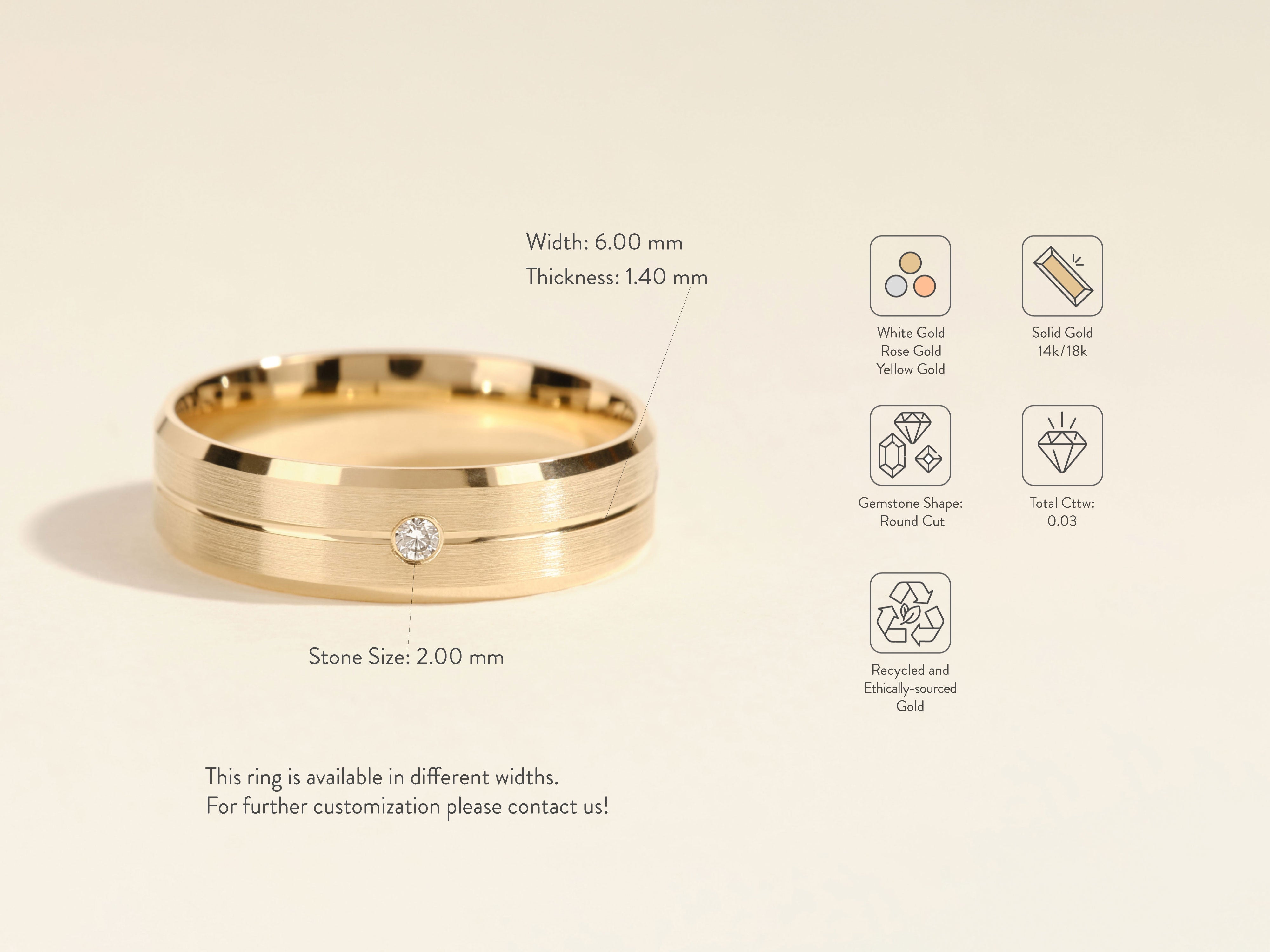 Diamond solitaire ring in brushed gold, available in multiple widths