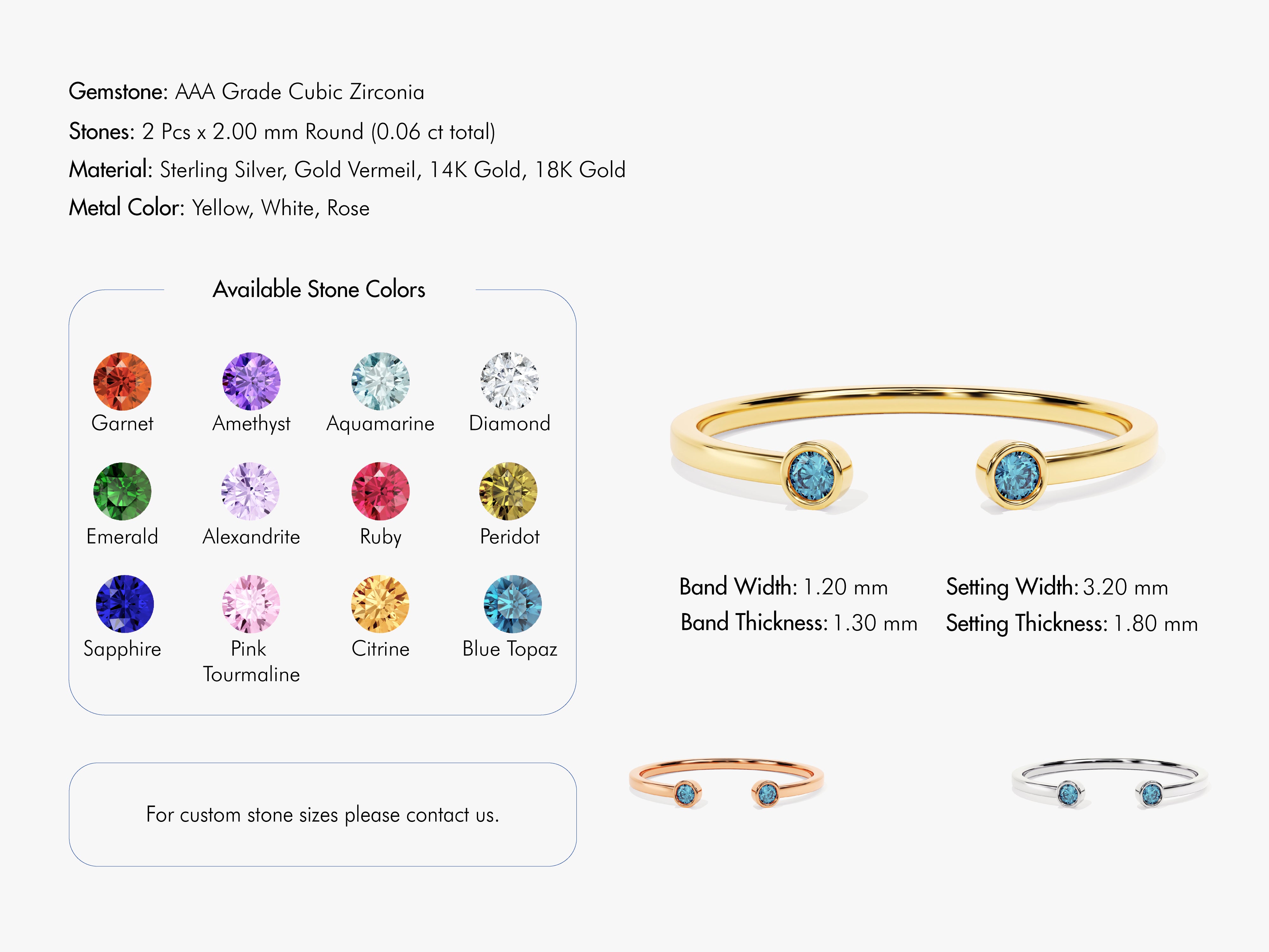 Birthstone Bezel Set Open Cuff Ring