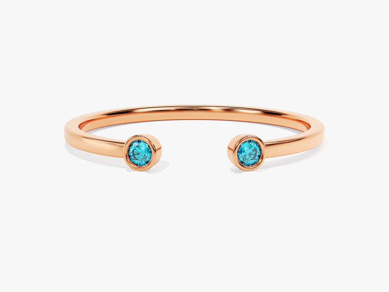 Blue Topaz Bezel Set Open Cuff Ring in 14k Solid Gold