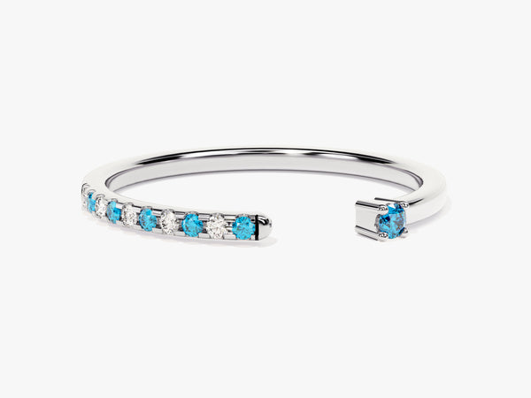 Blue Topaz Pave Set Open Ring in 14k Solid Gold