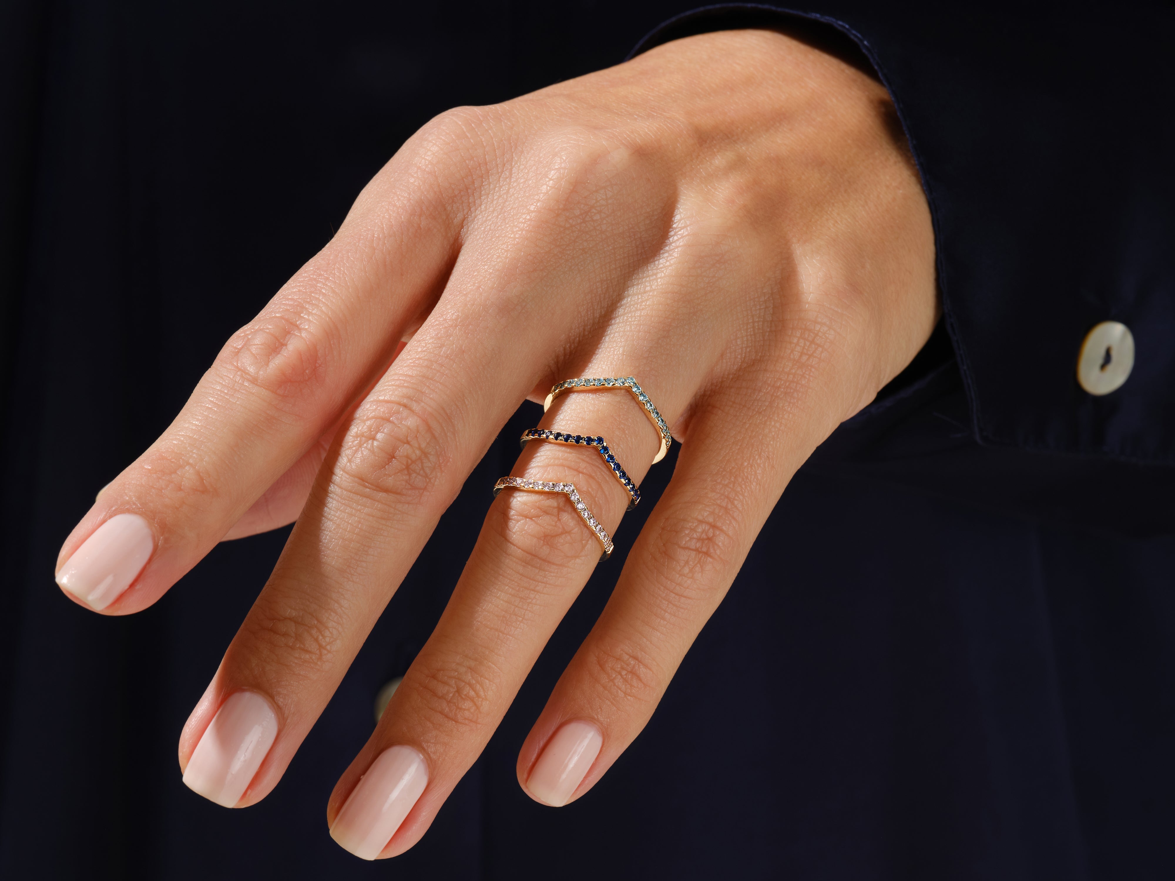 Jewelry: Stackable geometric rings with diamonds and sapphires