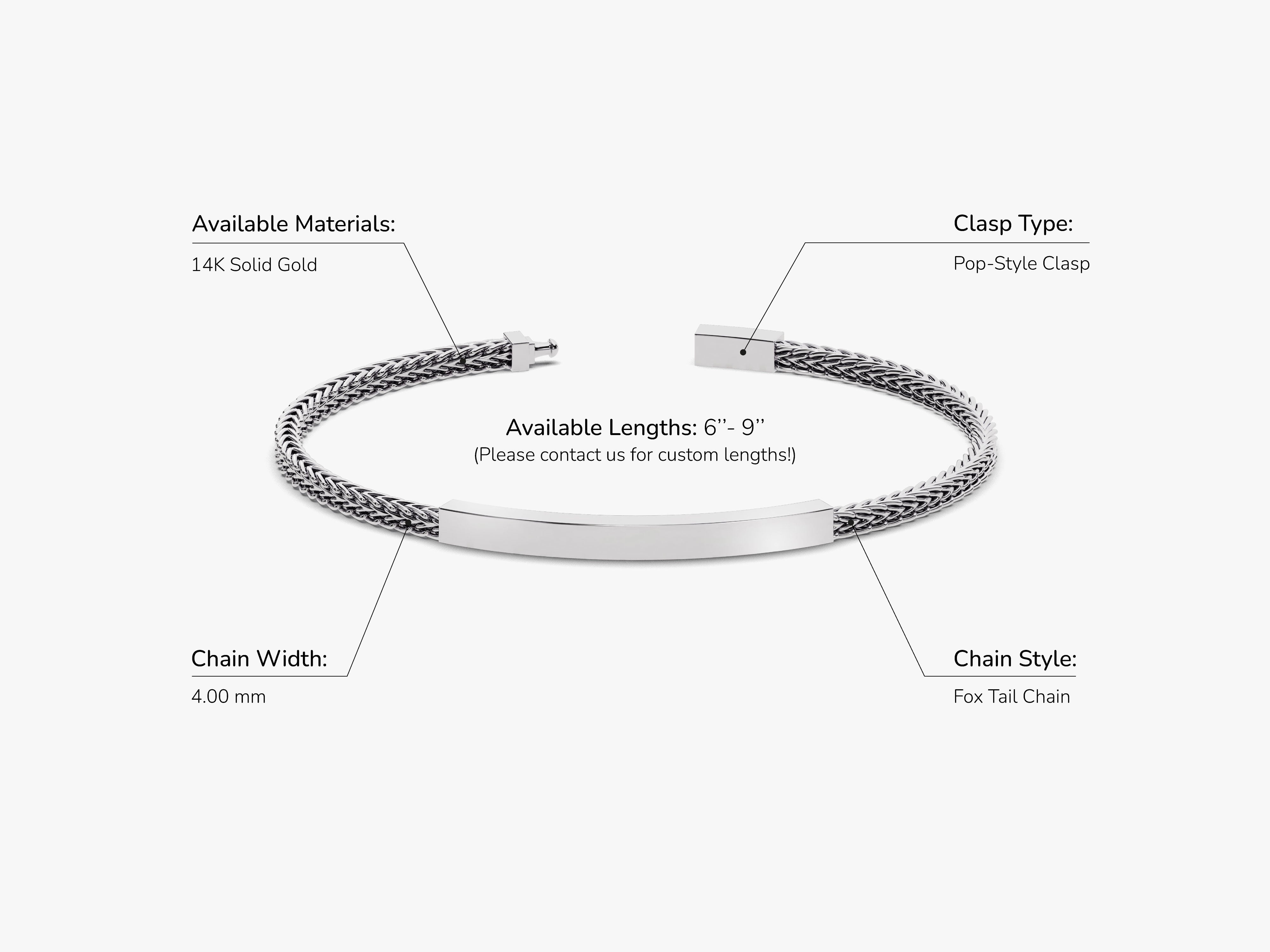 14k Solid Gold 4.0mm Fox Tail Chain Bracelet
