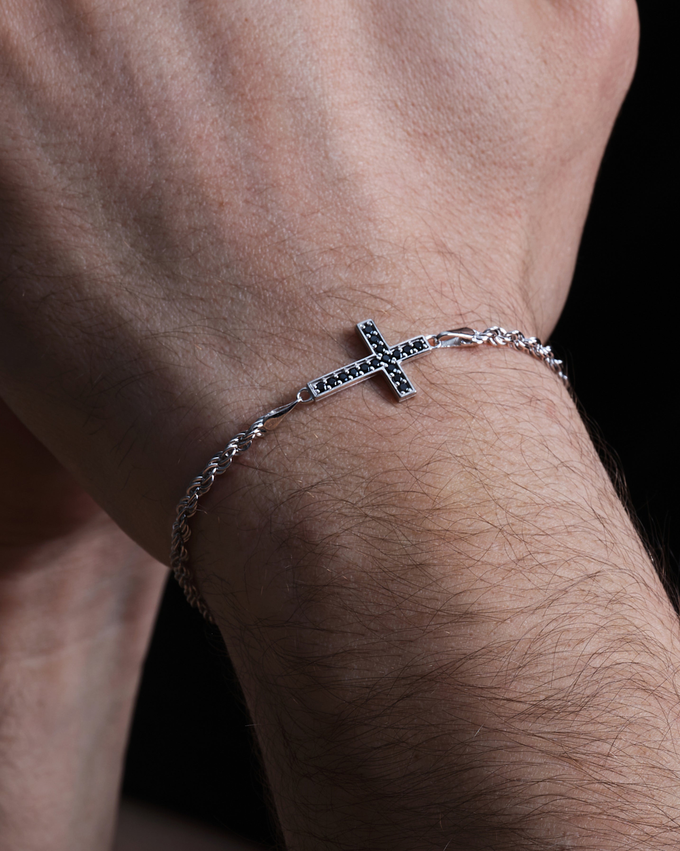 14k Solid Gold Black Diamond Cross Bracelet