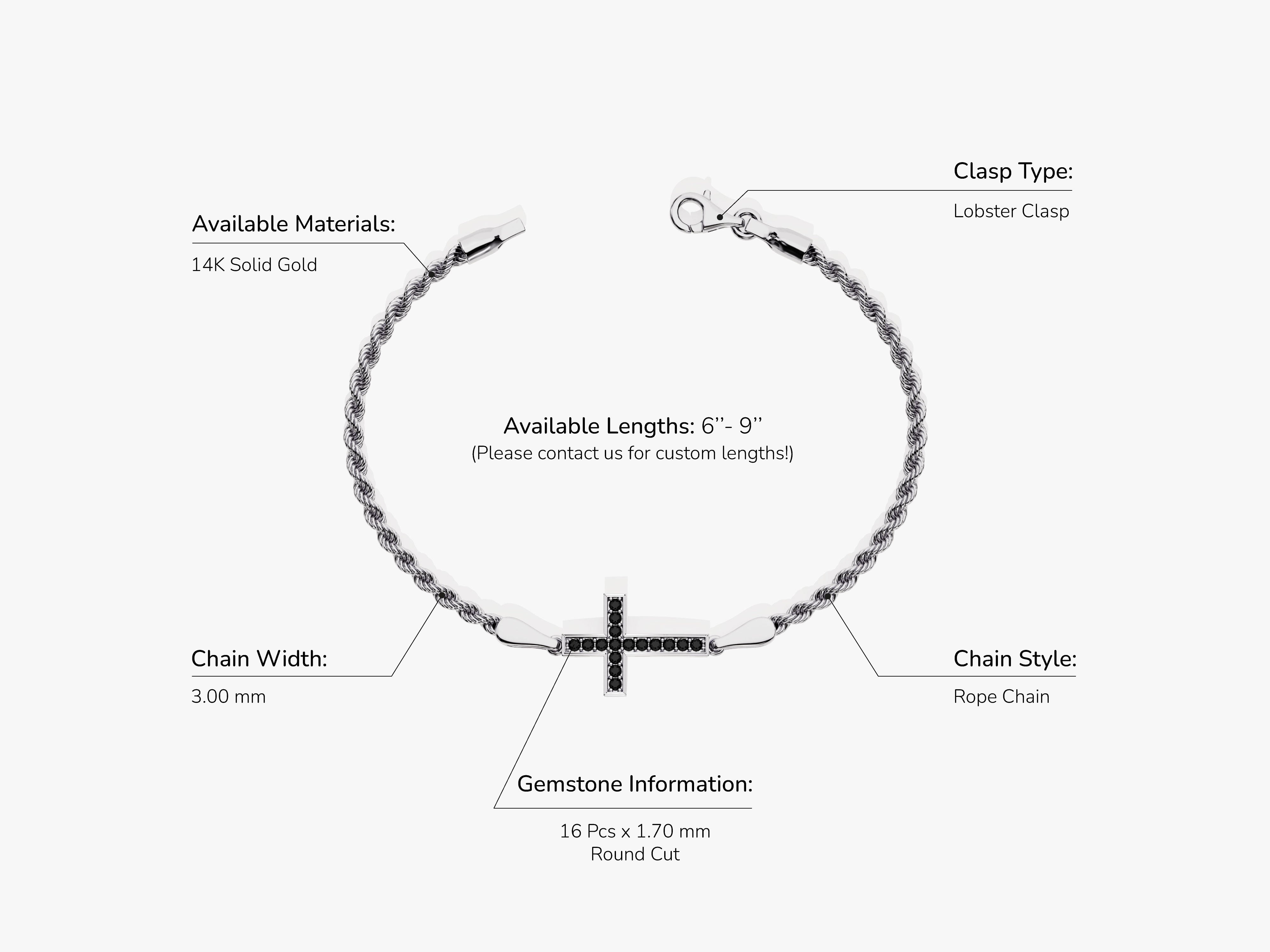 14k Solid Gold Black Diamond Cross Bracelet